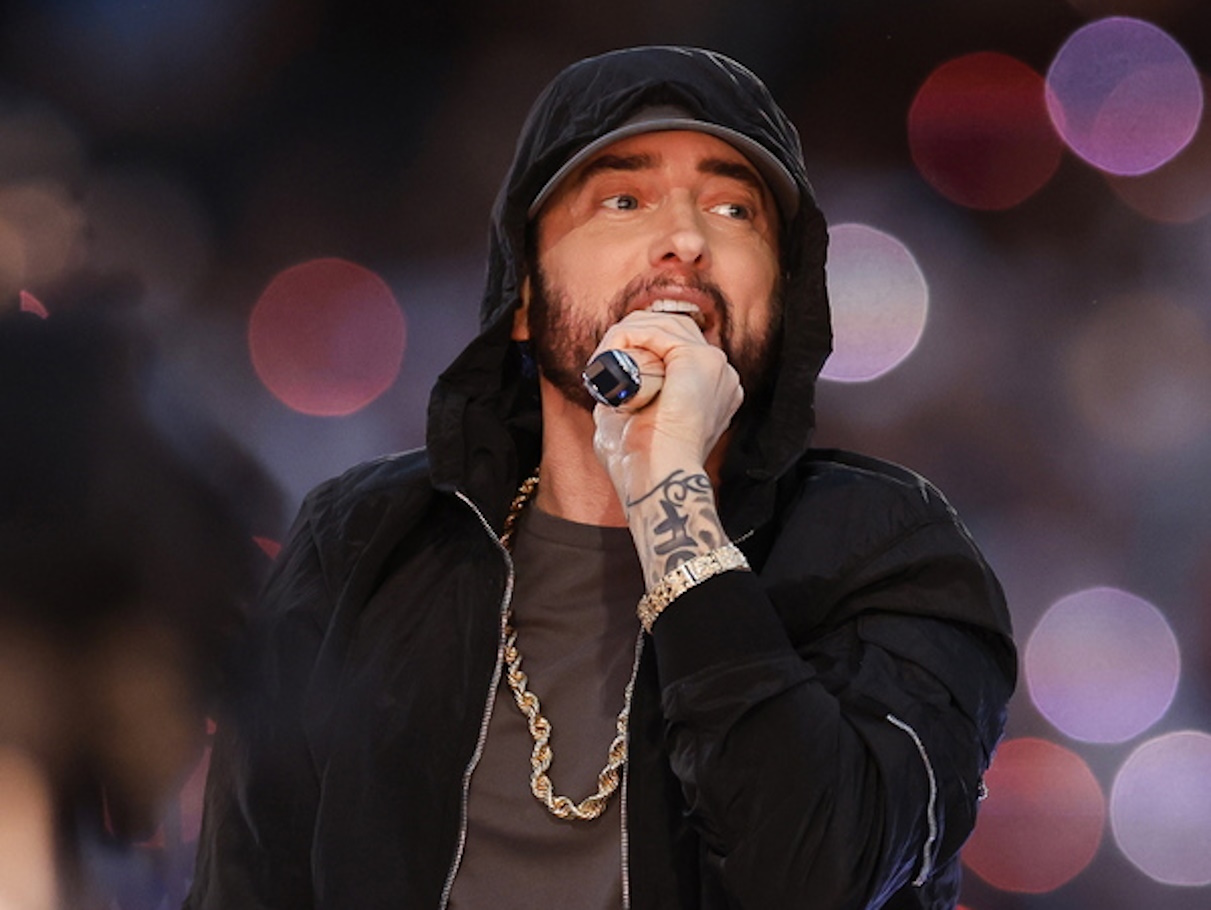 epa09754323 Eminem performs during the halftime show of Super Bowl LVI at SoFi Stadium in Inglewood, California, USA, 13 February 2022. The annual Super Bowl is the Championship game of the NFL between the AFC Champion and the NFC Champion and has been held every year since January of 1967.  EPA