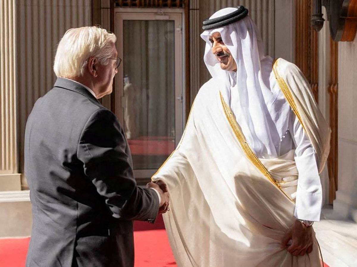 Qatar's Emir Sheikh Tamim Bin Hamad Al Thani meets German President Frank-Walter Steinmeier at the Amiri Diwan in Doha, Qatar November 29, 2023. Qatar News Agency