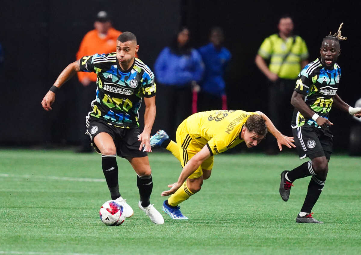 Nov 7, 2023; Atlanta, Georgia, USA;  Atlanta United forward Giorgos Giakoumakis (7) moves the ball up the pitch against the Columbus Crew during the second half at Mercedes-Benz Stadium. Mandatory Credit: John David Mercer-USA TODAY Sports