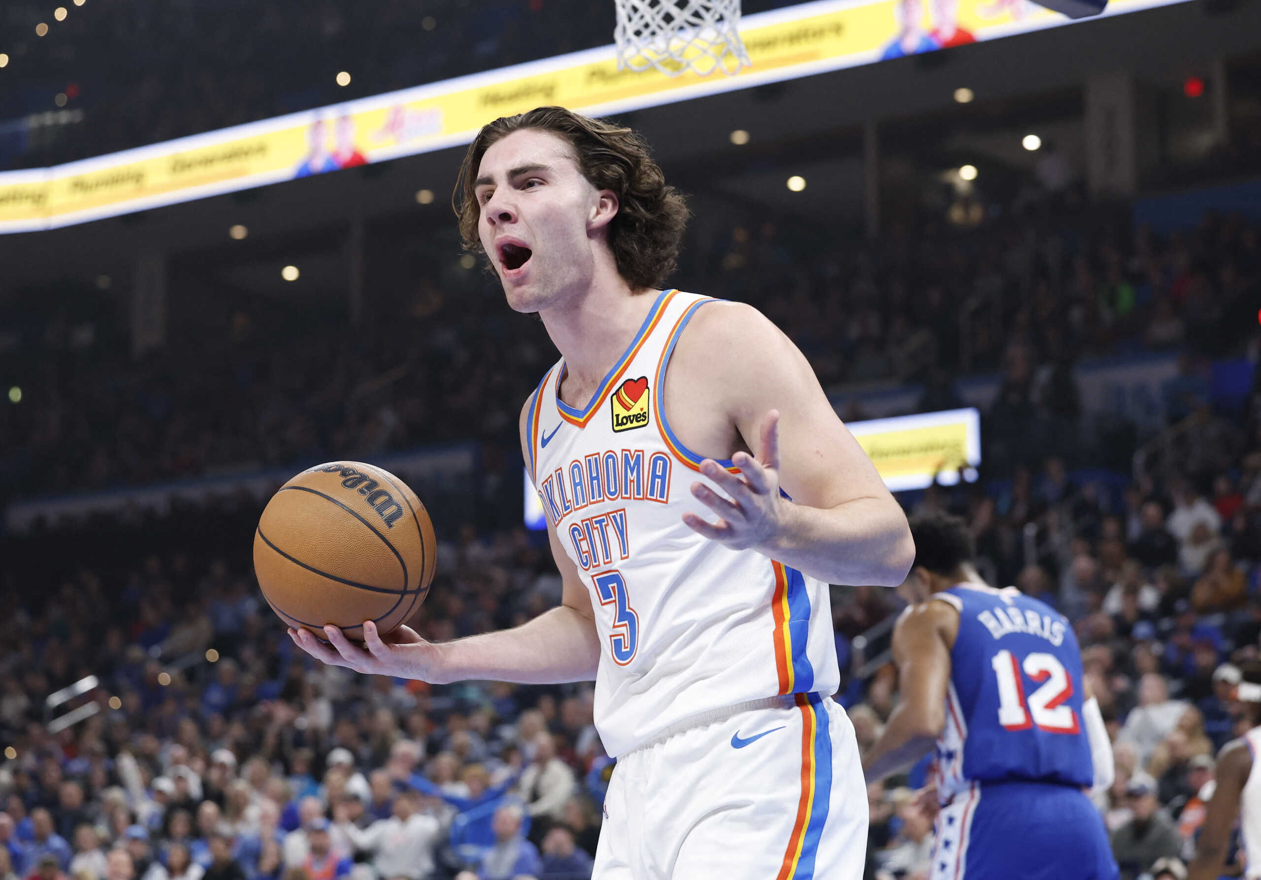 Nov 25, 2023; Oklahoma City, Oklahoma, USA; Oklahoma City Thunder guard Josh Giddey (3) reacts to an officials call during the first quarter against the Philadelphia 76ers at Paycom Center. Mandatory Credit: Alonzo Adams-USA TODAY Sports