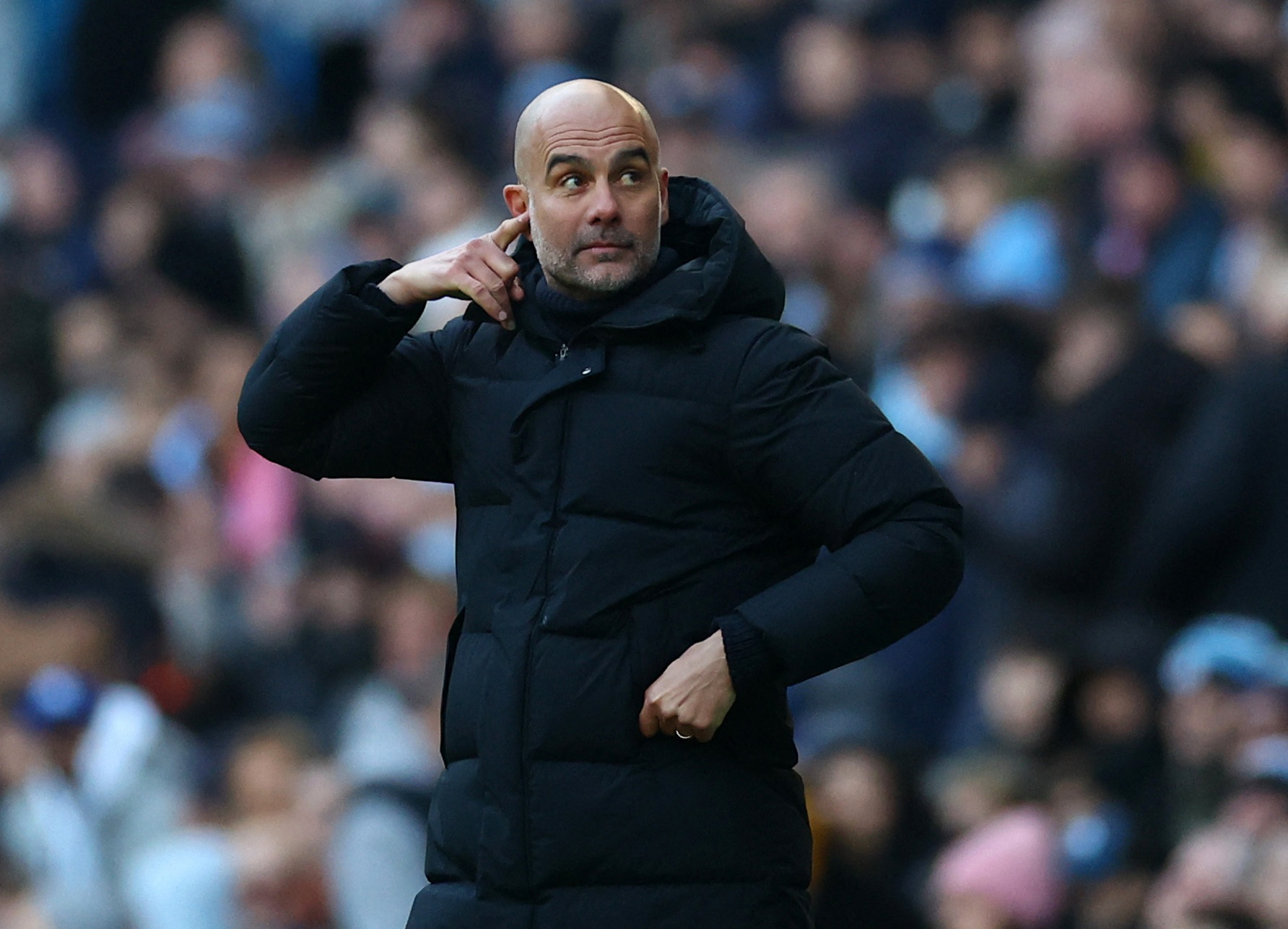 Soccer Football - Premier League - Manchester City v Liverpool - Etihad Stadium, Manchester, Britain - November 25, 2023 Manchester City manager Pep Guardiola reacts REUTERS