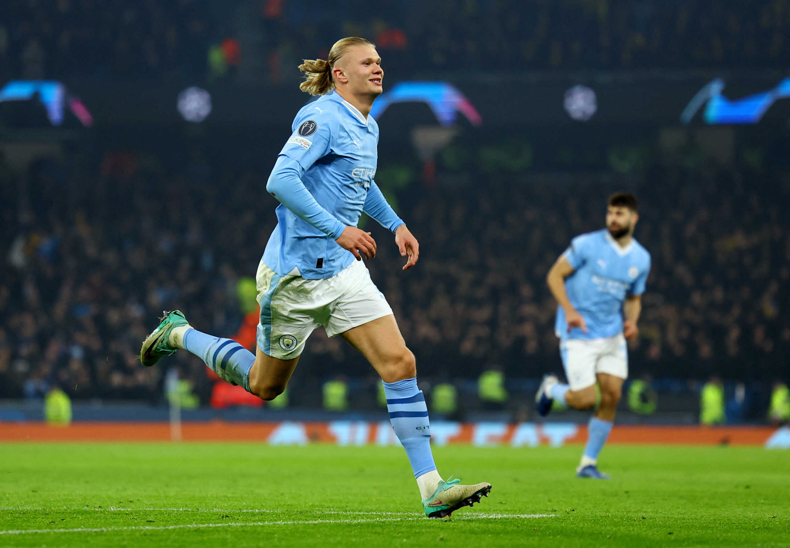 Soccer Football - Champions League - Group G - Manchester City v BSC Young Boys - Etihad Stadium, Manchester, Britain - November 7, 2023 Manchester City's Erling Braut Haaland celebrates scoring their third goal REUTERS