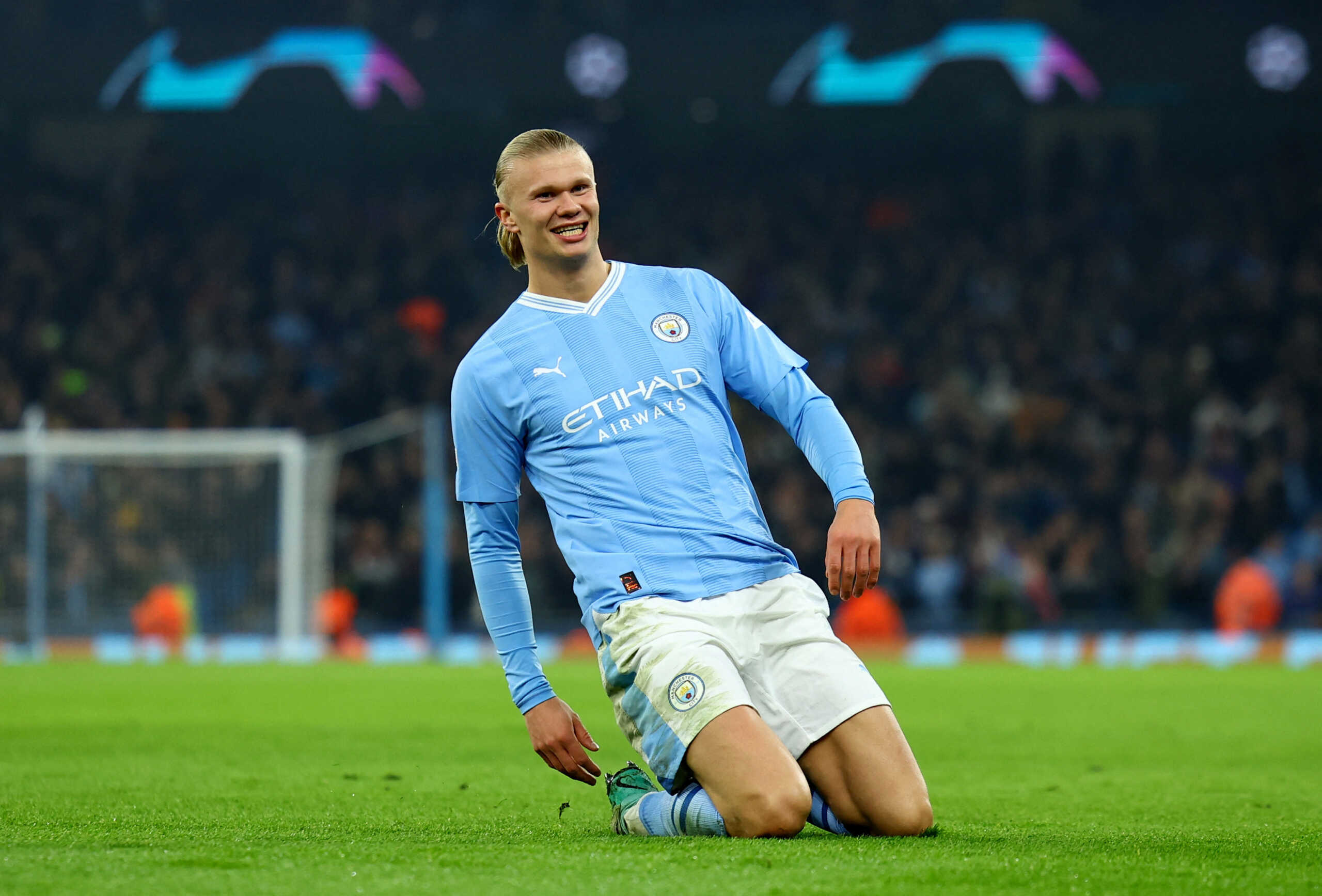 Soccer Football - Champions League - Group G - Manchester City v BSC Young Boys - Etihad Stadium, Manchester, Britain - November 7, 2023 Manchester City's Erling Braut Haaland celebrates scoring their third goal REUTERS