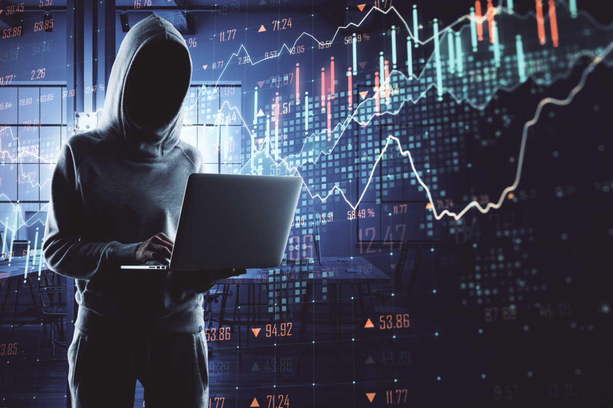 Hacker with laptop using digital business interface in interior. Hacking and malware concept. Multiexposure
