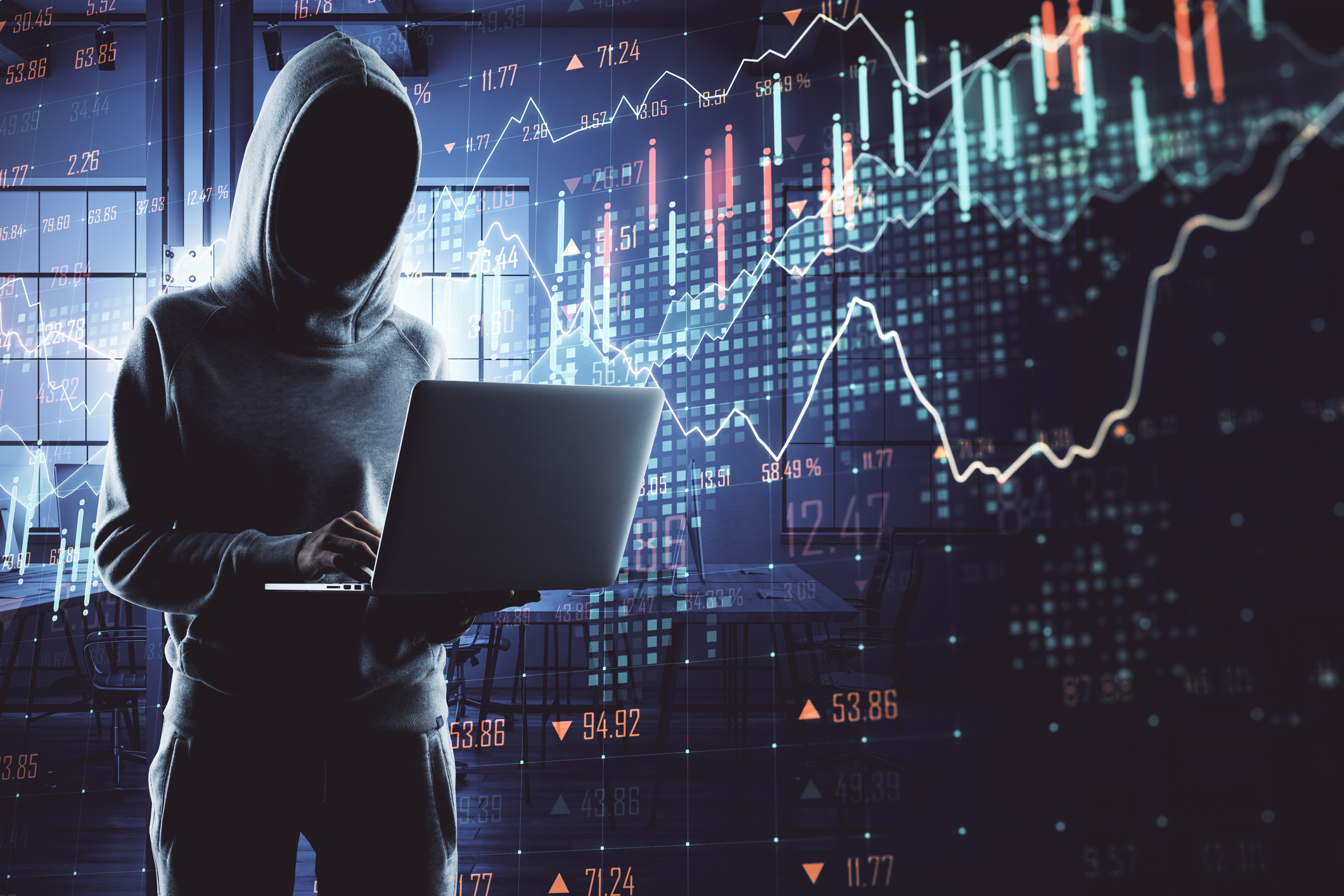 Hacker with laptop using digital business interface in interior. Hacking and malware concept. Multiexposure
