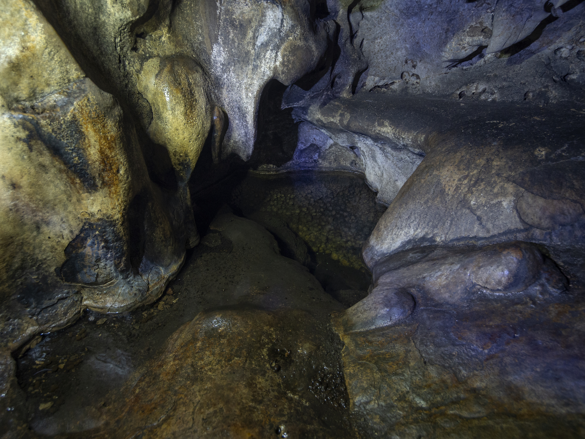 View and texture of the inner walls of a mountain cave with stalactites and stalagmites in the Dirfys mountains on the Greek island of Evia, Greece