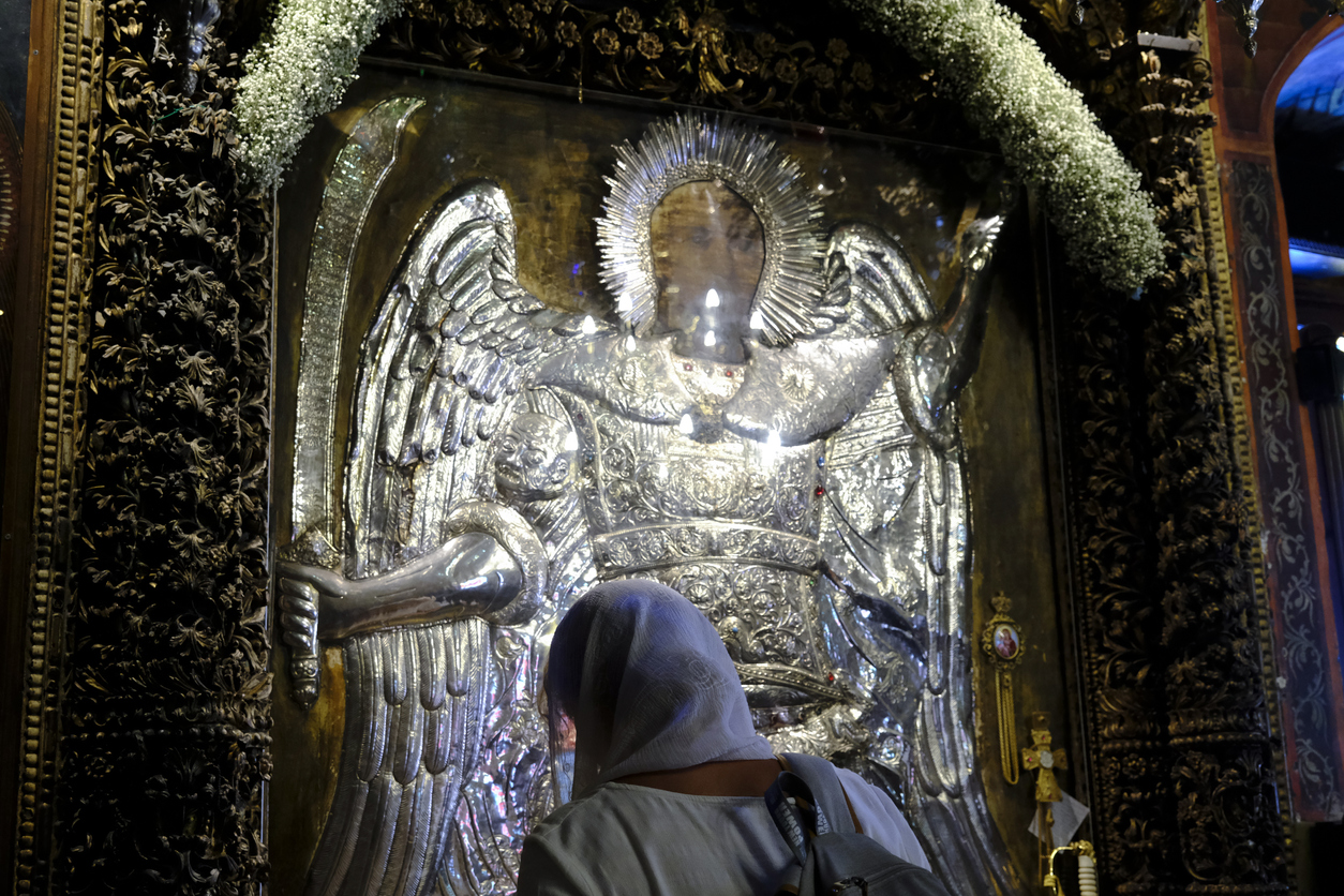 Worshipers in the Holy Monastery of Archangel Michael Panormitis in Symi Dodecanese, Greece on July 31, 2022.