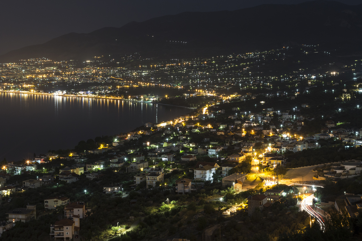 The Greek city of Kalamata at night in long exposure.