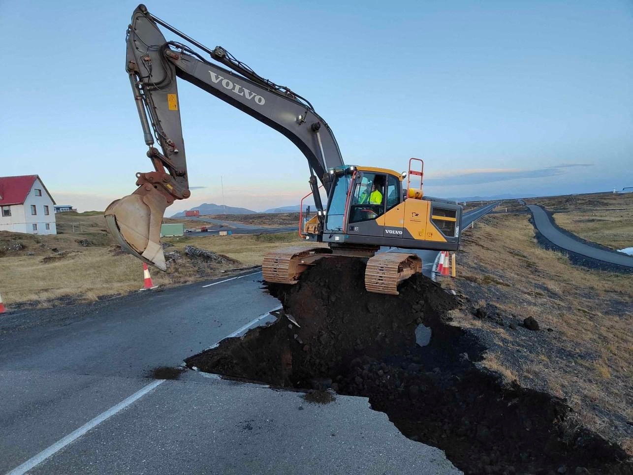 Streetworks continue, after cracks emerged on a road due to volcanic activity near Grindavik, Iceland obtained by Reuters on November 14, 2023. Road Administration of Iceland via Facebook