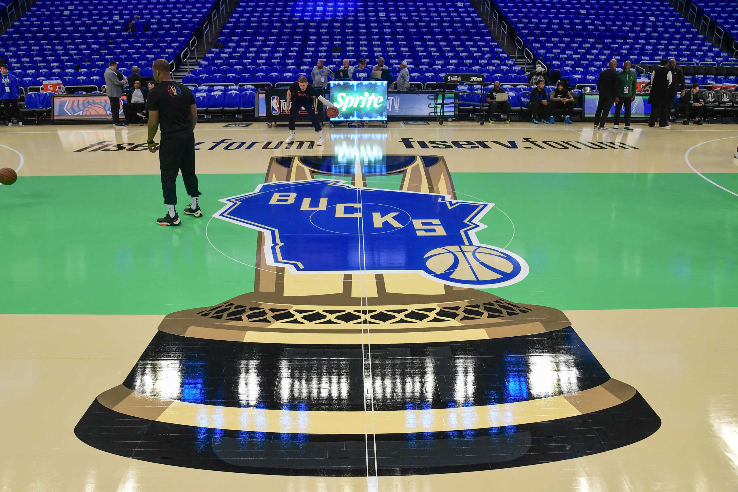 Nov 3, 2023; Milwaukee, Wisconsin, USA; Logo for the NBA In-Season Tournament for game between the Milwaukee Bucks and New York Knicks at Fiserv Forum. Mandatory Credit: Benny Sieu-USA TODAY Sports