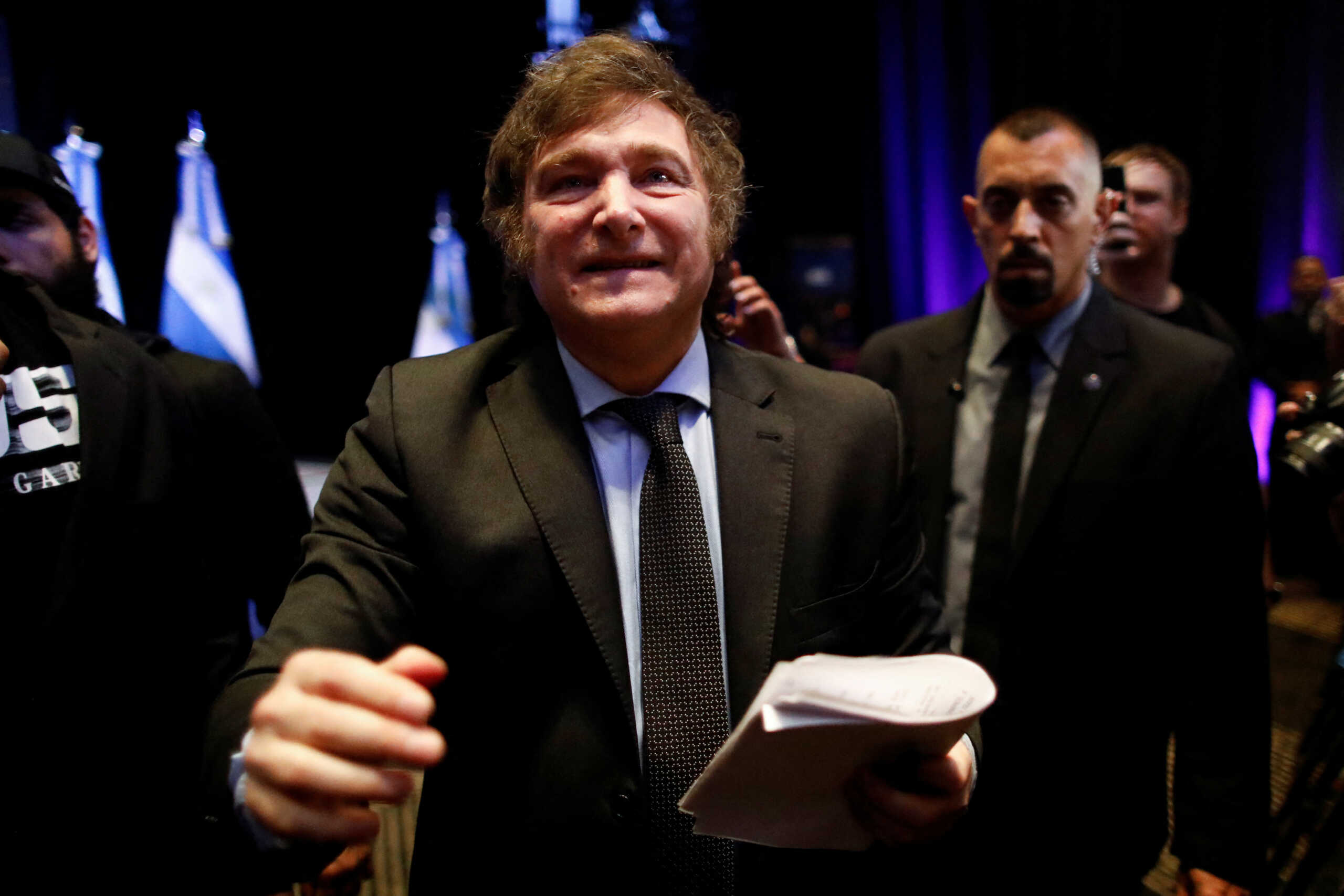 Argentine president-elect Javier Milei reacts after winning Argentina's runoff presidential election, in Buenos Aires, Argentina November 19, 2023. REUTERS