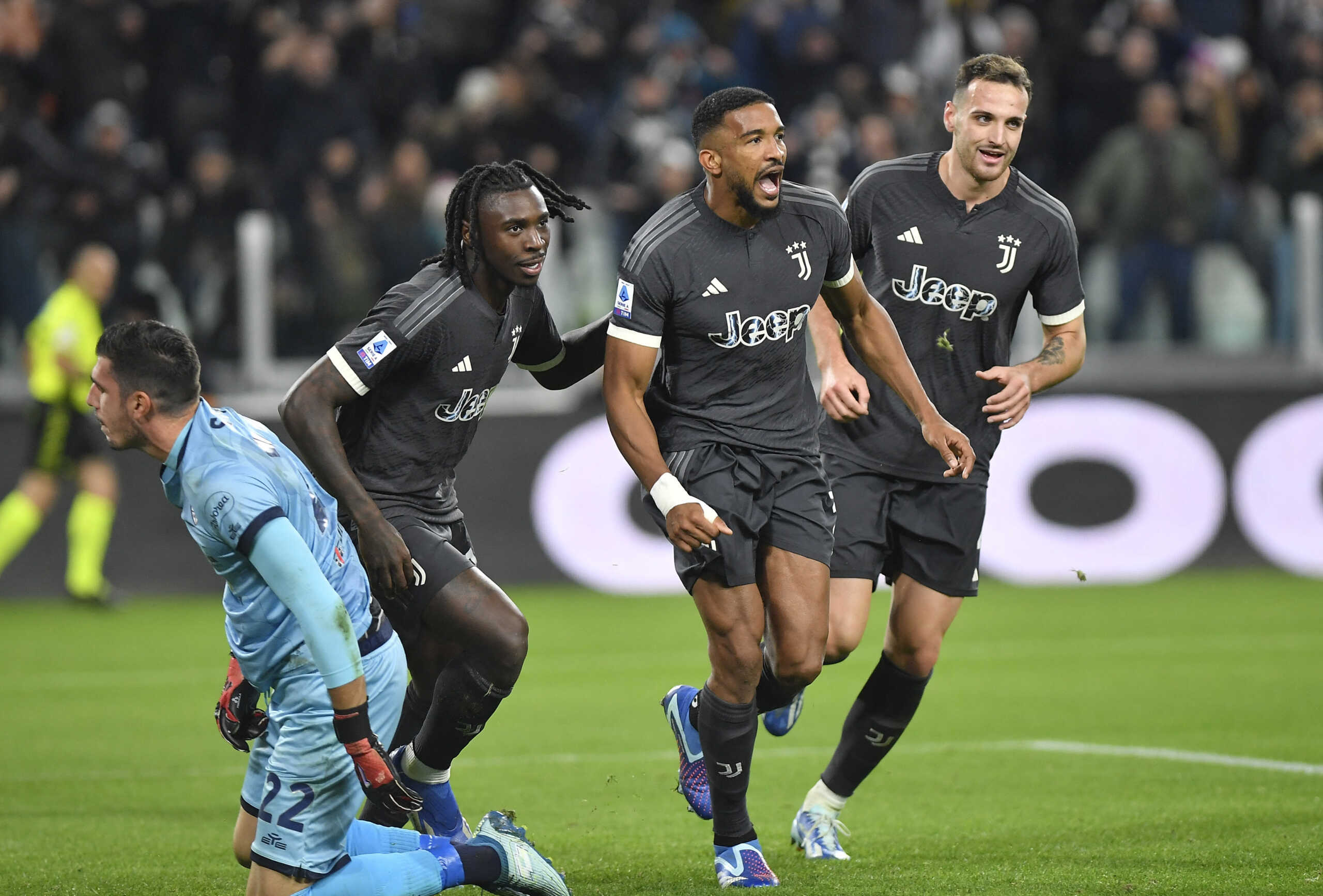 Soccer Football - Serie A - Juventus v Cagliari - Allianz Stadium, Turin, Italy - November 11, 2023 Juventus' Bremer celebrates scoring their first goal with Moise Kean and Federico Gatti REUTERS