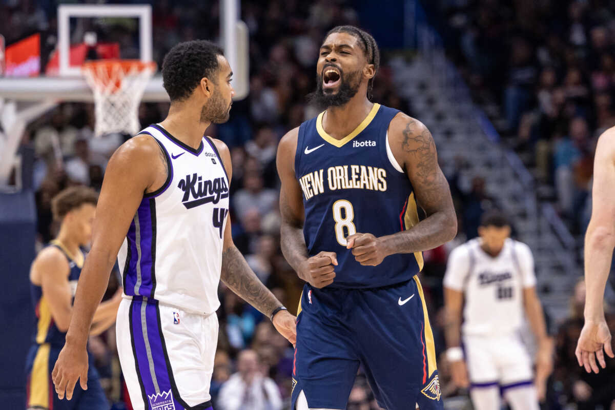 Nov 22, 2023; New Orleans, Louisiana, USA; New Orleans Pelicans forward Naji Marshall (8) reacts to making a basket against the Sacramento Kings during the first half at the Smoothie King Center. Mandatory Credit: Stephen Lew-USA TODAY Sports