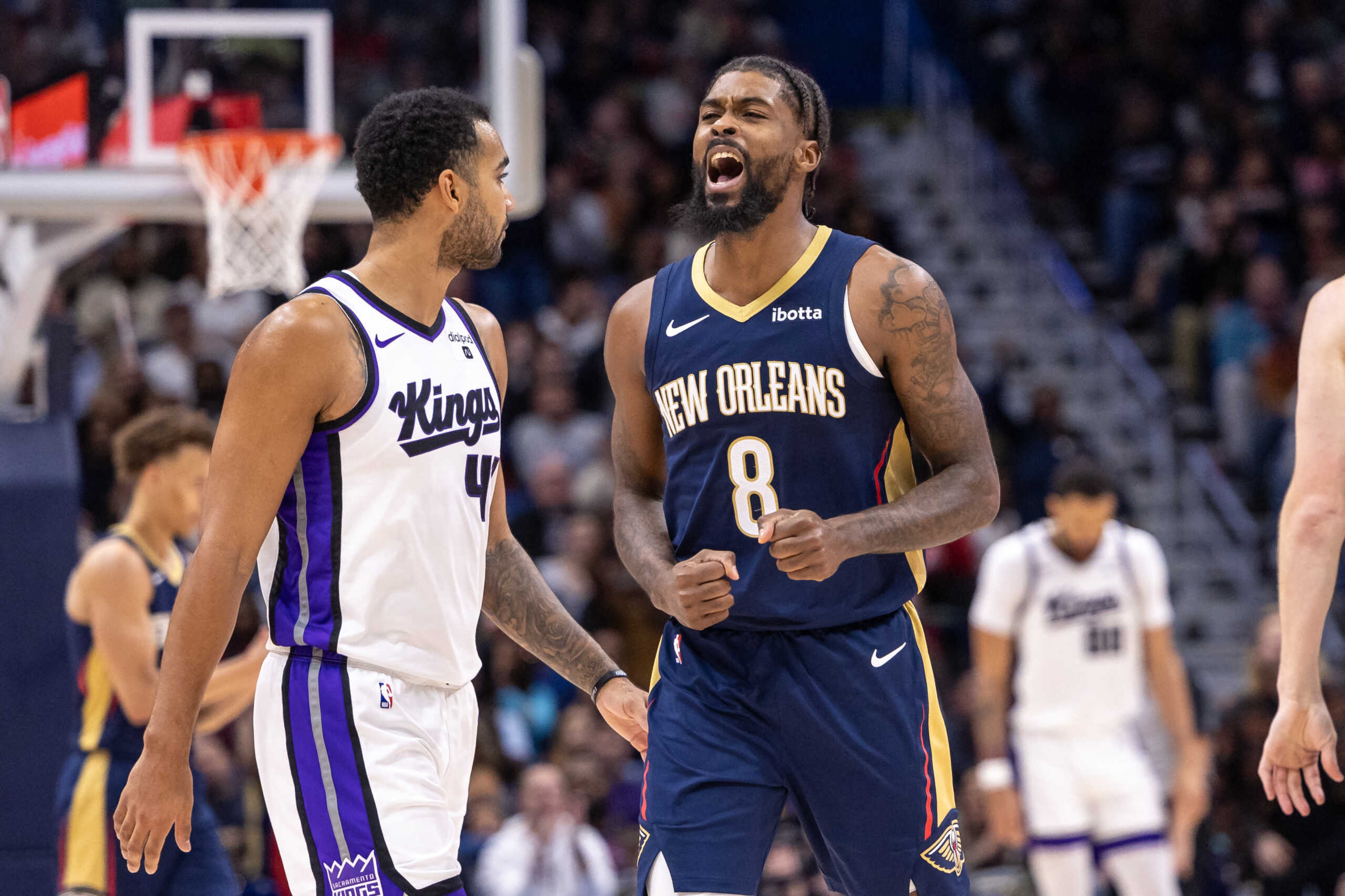 Nov 22, 2023; New Orleans, Louisiana, USA; New Orleans Pelicans forward Naji Marshall (8) reacts to making a basket against the Sacramento Kings during the first half at the Smoothie King Center. Mandatory Credit: Stephen Lew-USA TODAY Sports