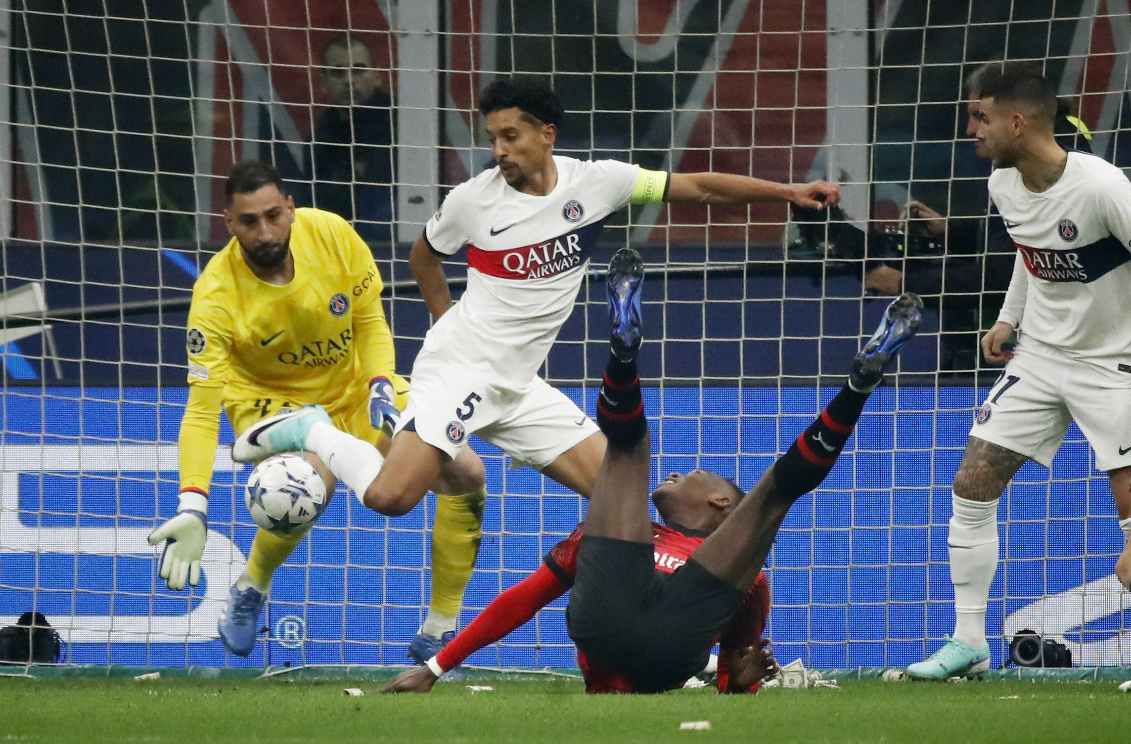 Soccer Football - Champions League - Group F - AC Milan v Paris St Germain - San Siro, Milan, Italy - November 7, 2023 AC Milan's Rafael Leao scores their first goal REUTERS