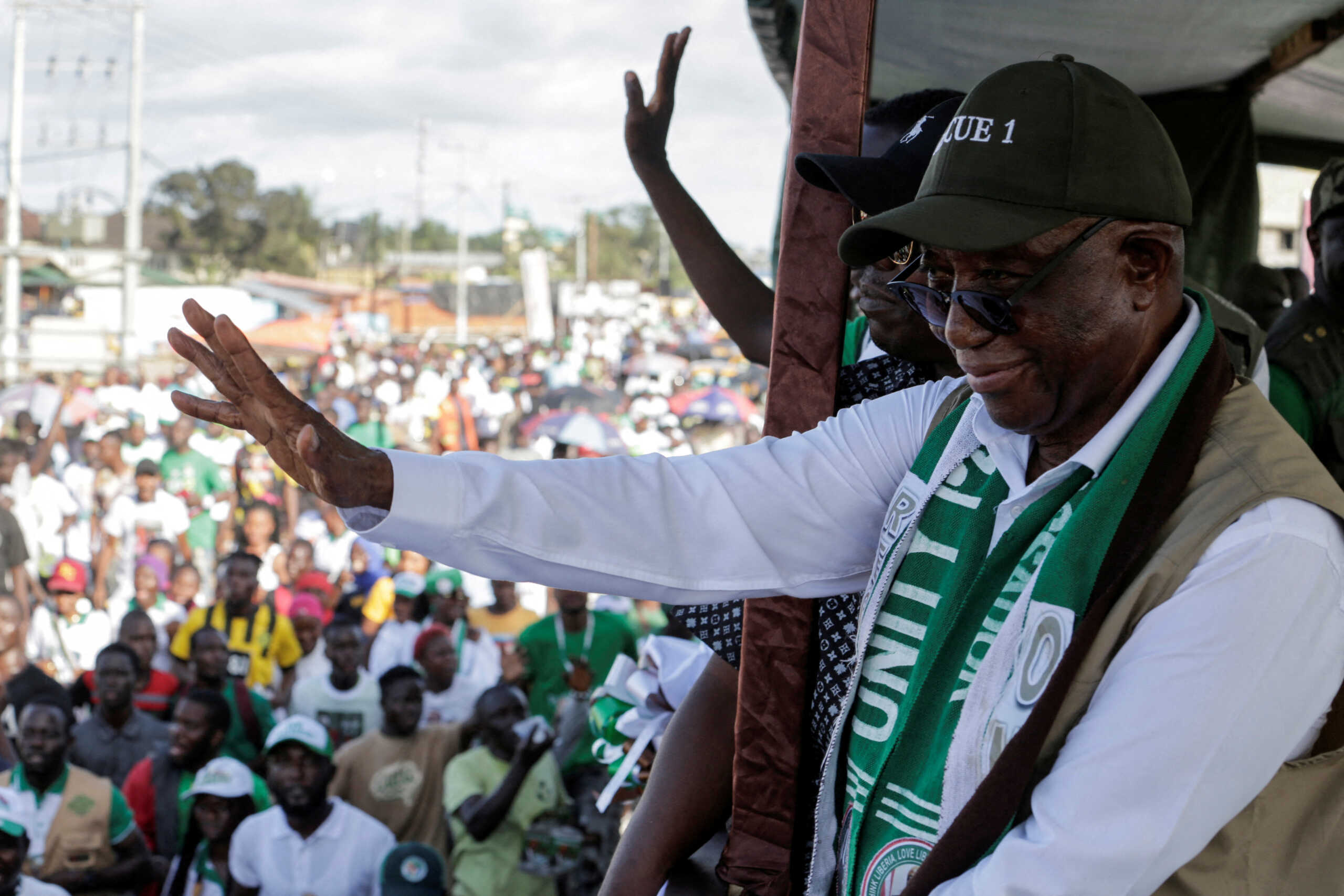 FILE PHOTO: Liberia's opposition Unity Party Joseph Boakai waves to his supporters as holds his final campaign rally for the presidential elections in Monrovia, Liberia October  7, 2023. Reuters