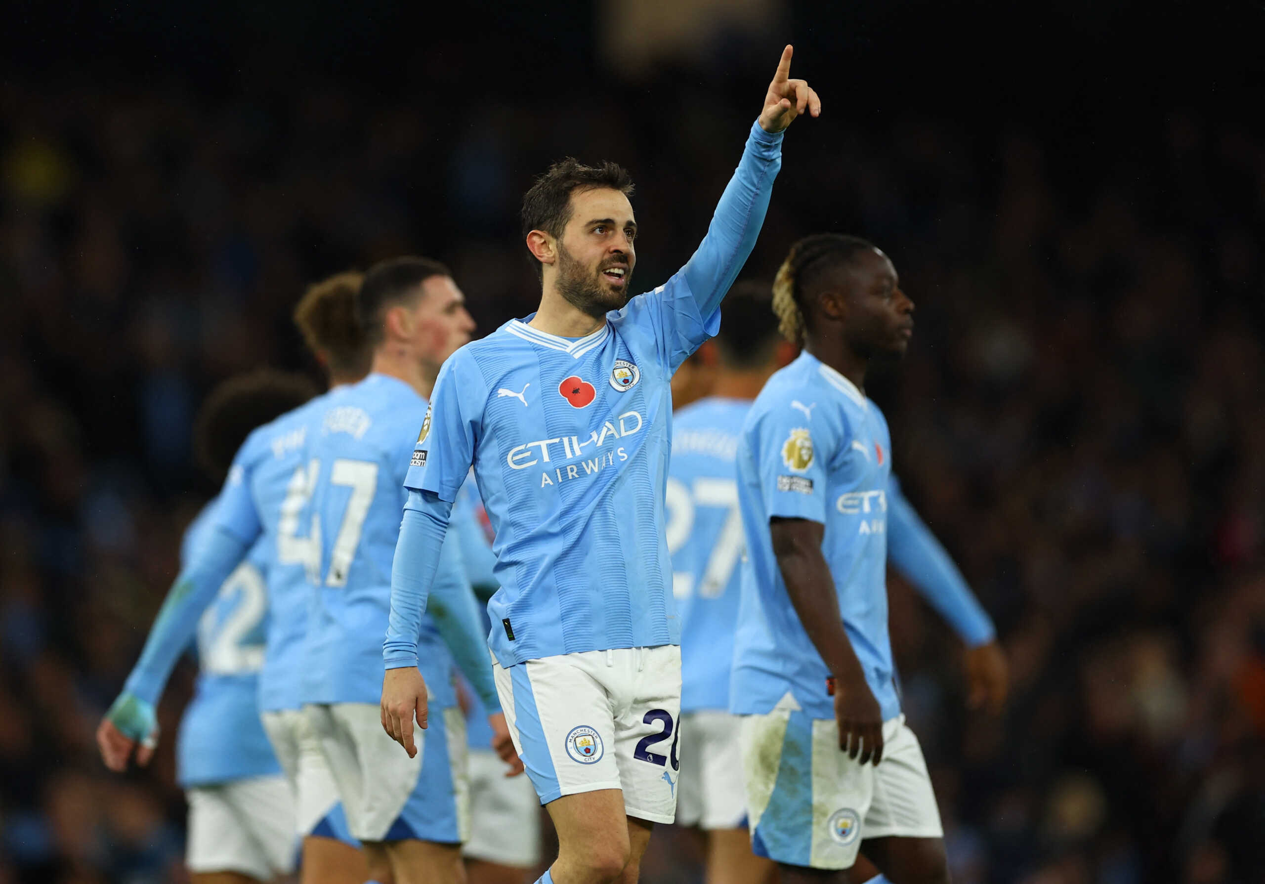 Soccer Football - Premier League - Manchester City v AFC Bournemouth - Etihad Stadium, Manchester, Britain - November 4, 2023 Manchester City's Bernardo Silva celebrates scoring their fifth goal REUTERS