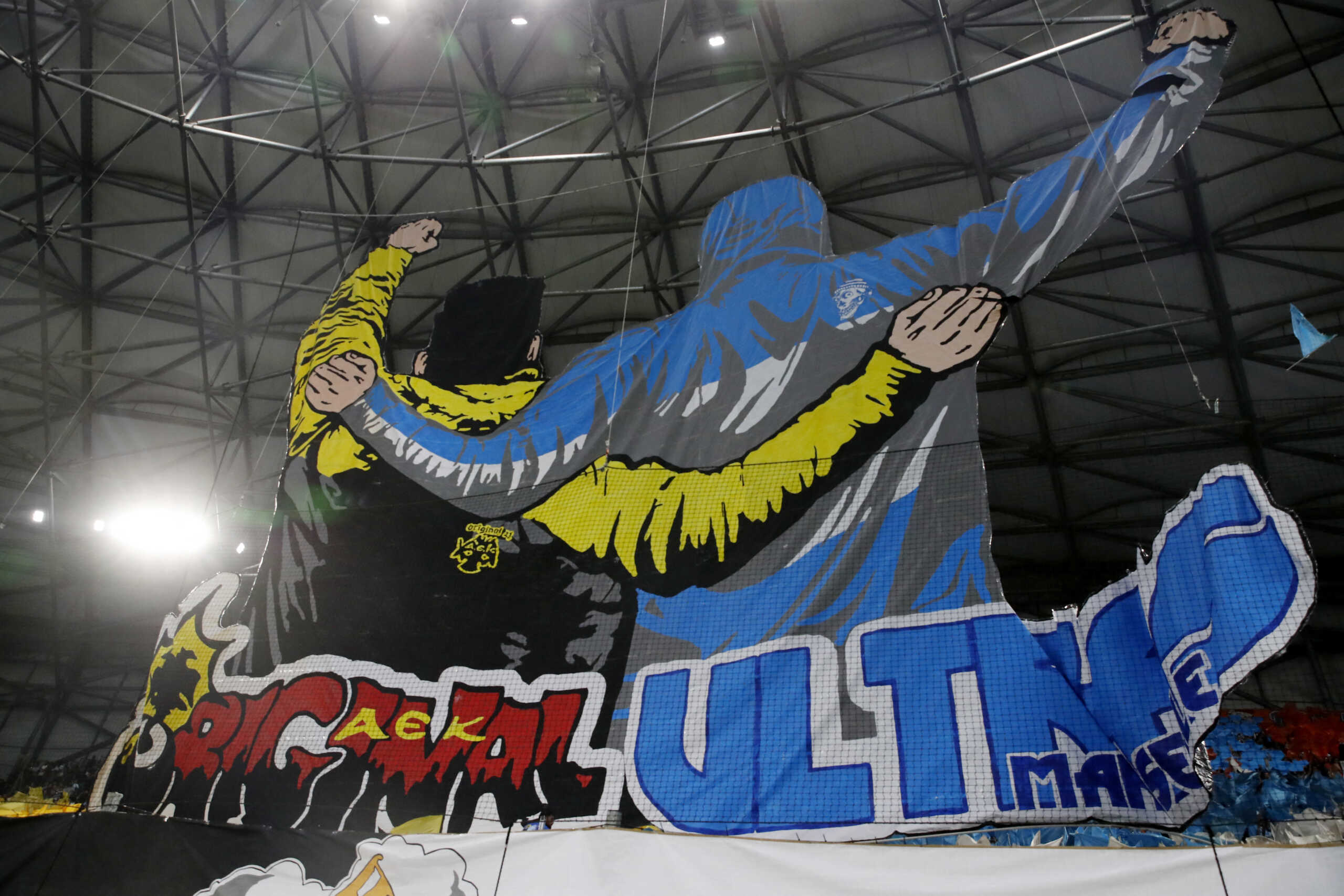 Soccer Football - Europa League - Group B - Olympique de Marseille v AEK Athens - Orange Velodrome, Marseille, France - October 26, 2023 Fans inside the stadium display a tifo before the match REUTERS