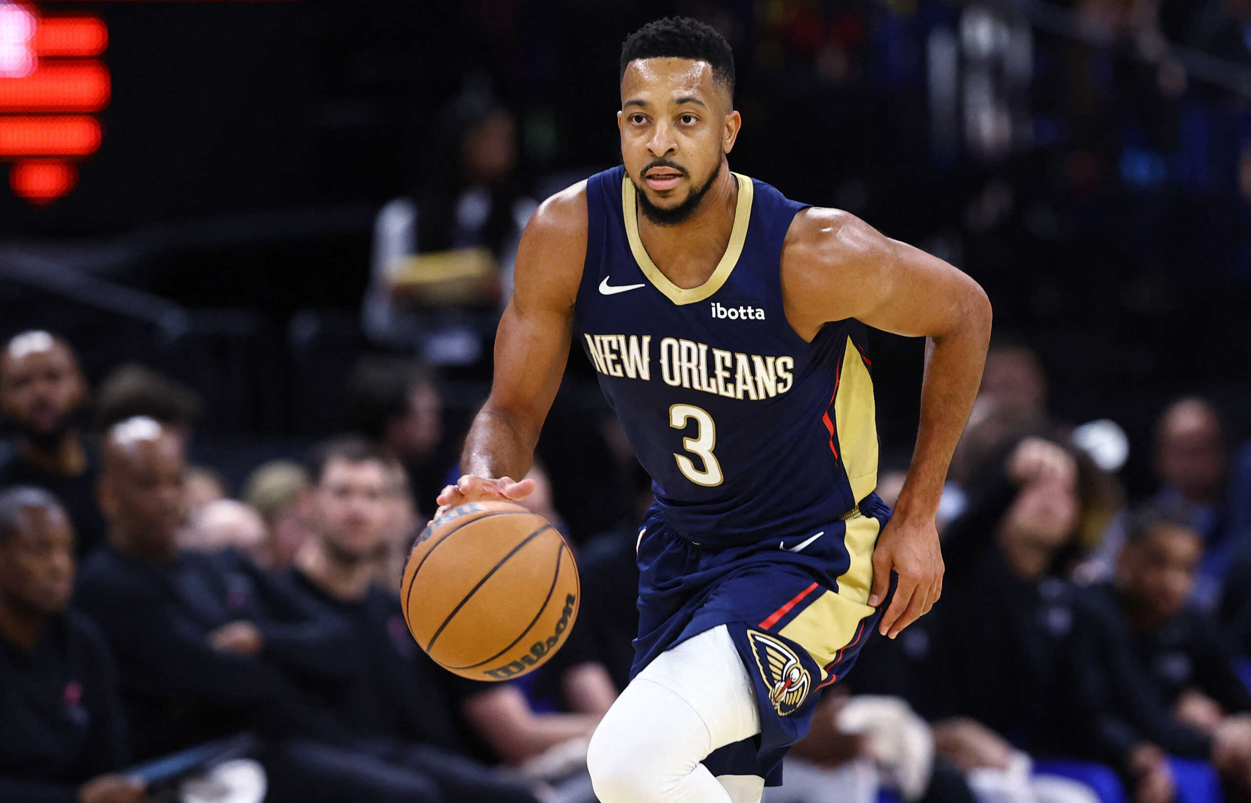 Oct 17, 2023; Orlando, Florida, USA; New Orleans Pelicans guard CJ McCollum (3) dribbles against the Orlando Magic during the second half at Amway Center. Mandatory Credit: Kim Klement Neitzel-USA TODAY Sports