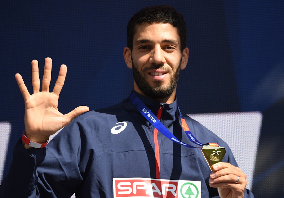 epa06940768 Gold medalist Mahiedine Mekhissi-Benabbad of France poses during the awarding ceremony of the men's 3,000m Steeplechase at the Athletics 2018 European Championships in Berlin, Germany, 10 August 2018.  EPA