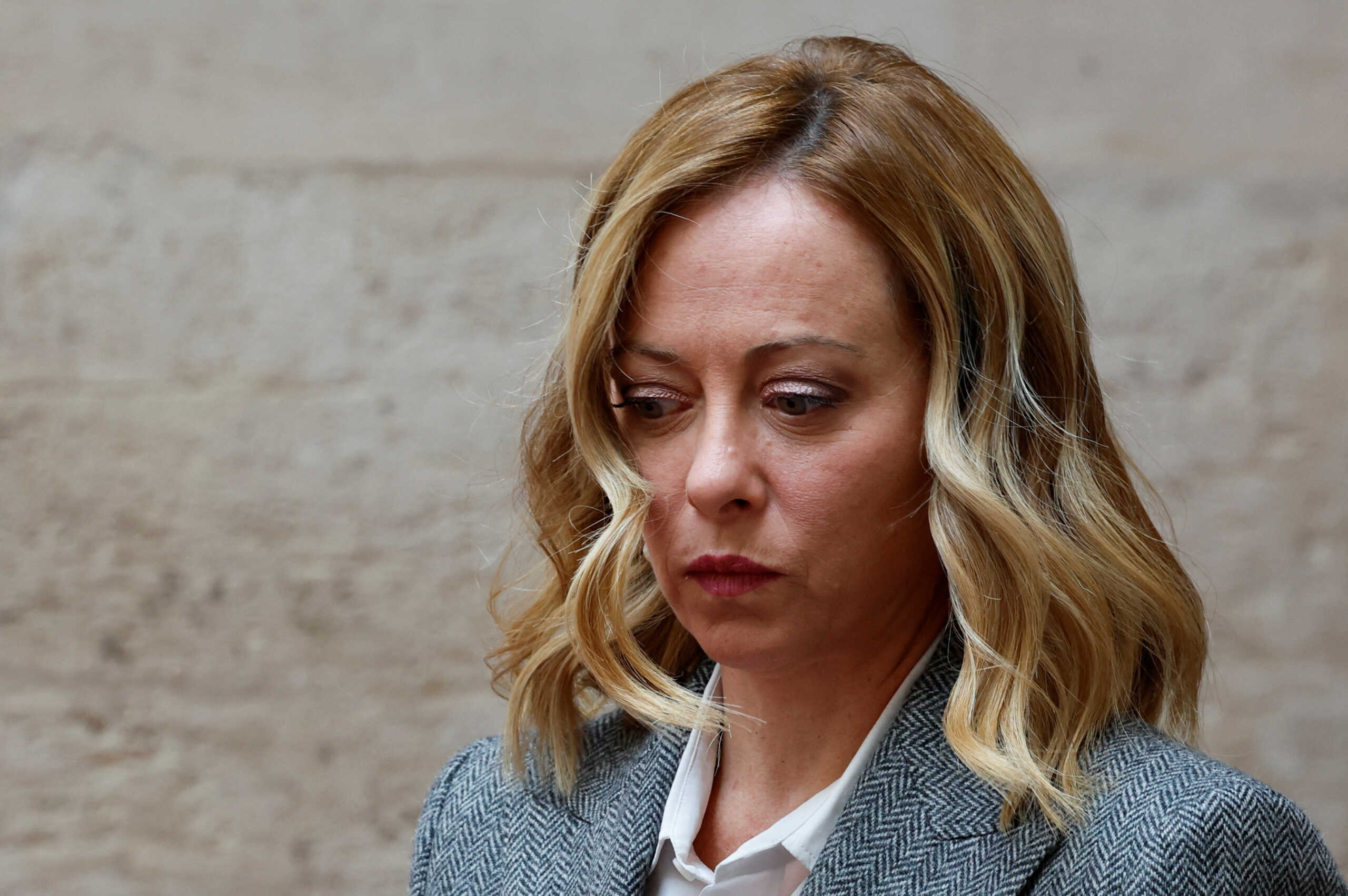 Italian Prime Minister Giorgia Meloni looks on as she waits for Slovenian Prime Minister Robert Golob at Palazzo Chigi, in Rome, Italy, November 14, 2023. REUTERS