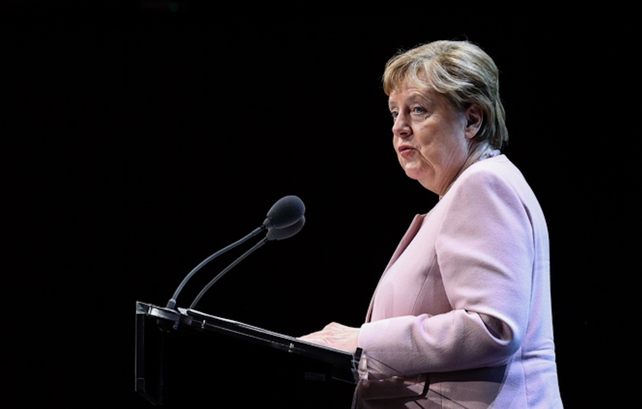 epa10756279 Gulbenkian Prize for Humanity jury president Angela Merkel delivers her speech during Gulbenkian Prize for Humanity awards ceremony in Lisbon, Portugal, 19 July 2023.  The Prize recognises outstanding contributions to climate action and climate solutions  EPA