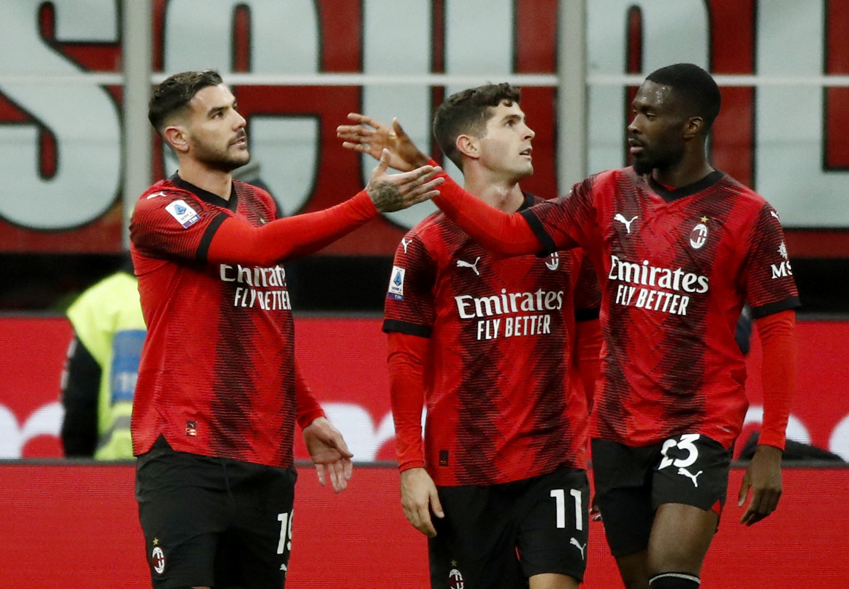 Soccer Football - Serie A - AC Milan v Fiorentina - San Siro, Milan, Italy - November 25, 2023 AC Milan's Theo Hernandez celebrates scoring their first goal with Fikayo Tomori REUTERS