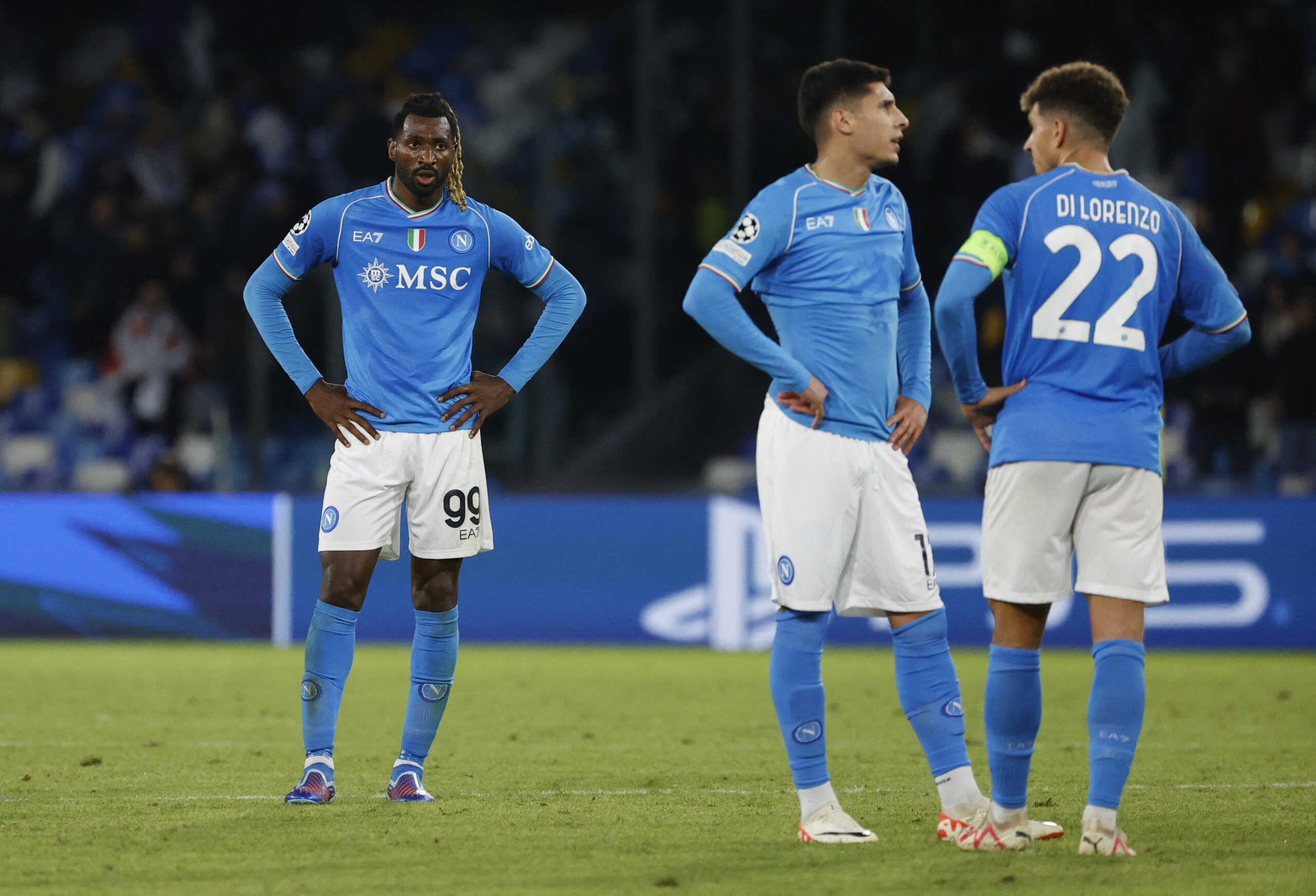 Soccer Football - Champions League - Group C - Napoli v 1. FC Union Berlin - Stadio Diego Armando Maradona, Naples, Italy - November 8, 2023 Napoli's Andre-Frank Zambo Anguissa and teammates after the match REUTERS