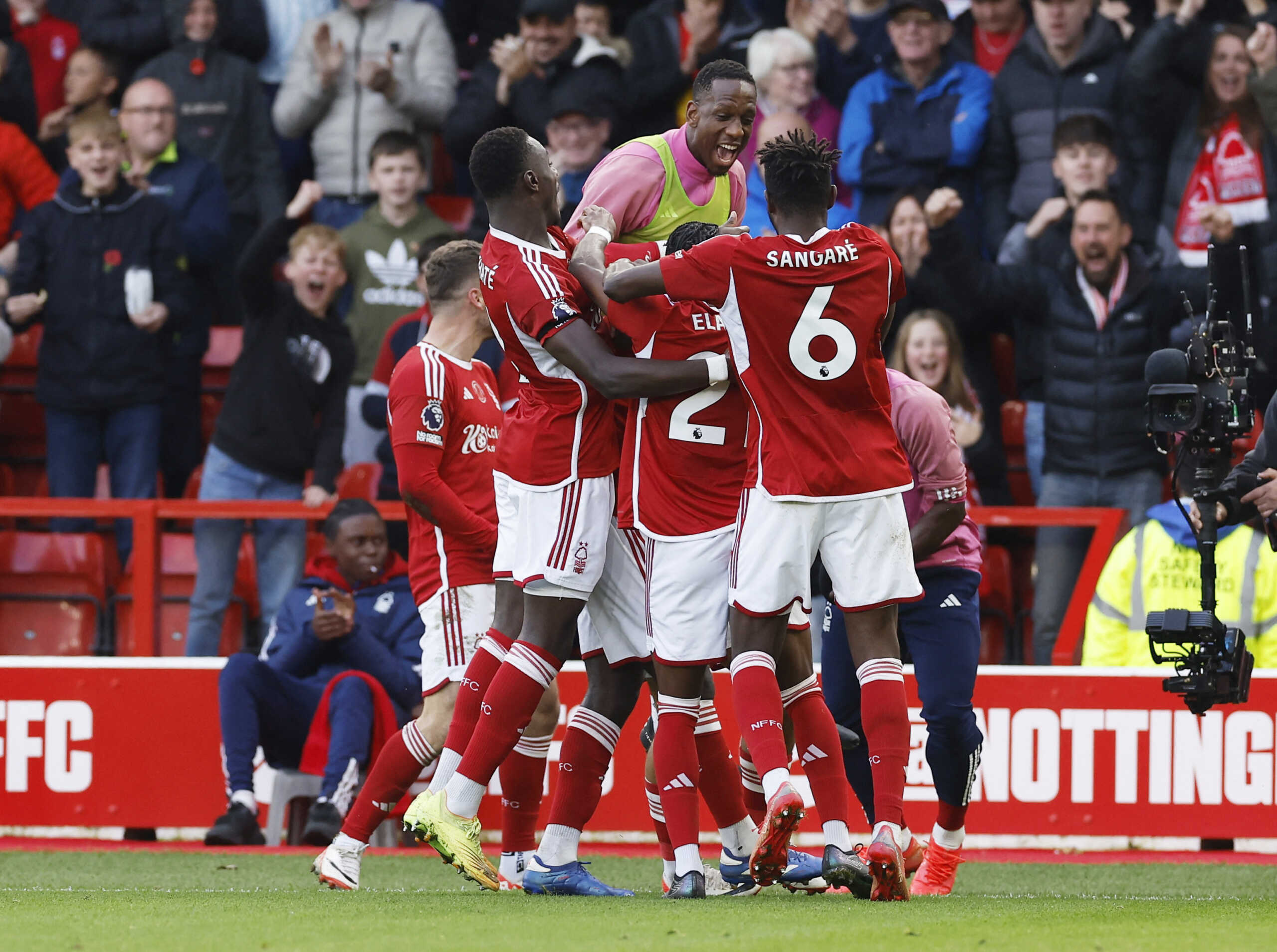 Soccer Football - Premier League - Nottingham Forest v Aston Villa - The City Ground, Nottingham, Britain - November 5, 2023 Nottingham Forest's Orel Mangala celebrates scoring their second goal with teammates Action Images via Reuters