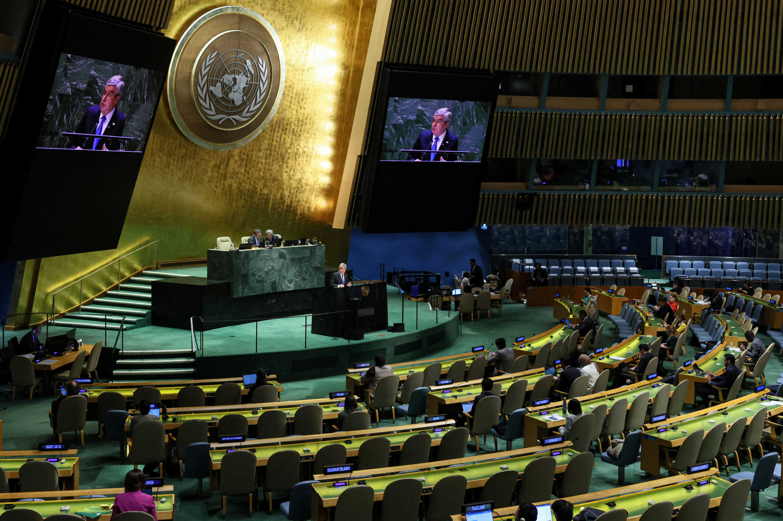 Thomas Bach, President of the International Olympic Committee, addresses the United Nations General Assembly at the United Nations Headquarters in New York City, U.S., November 21, 2023. REUTERS