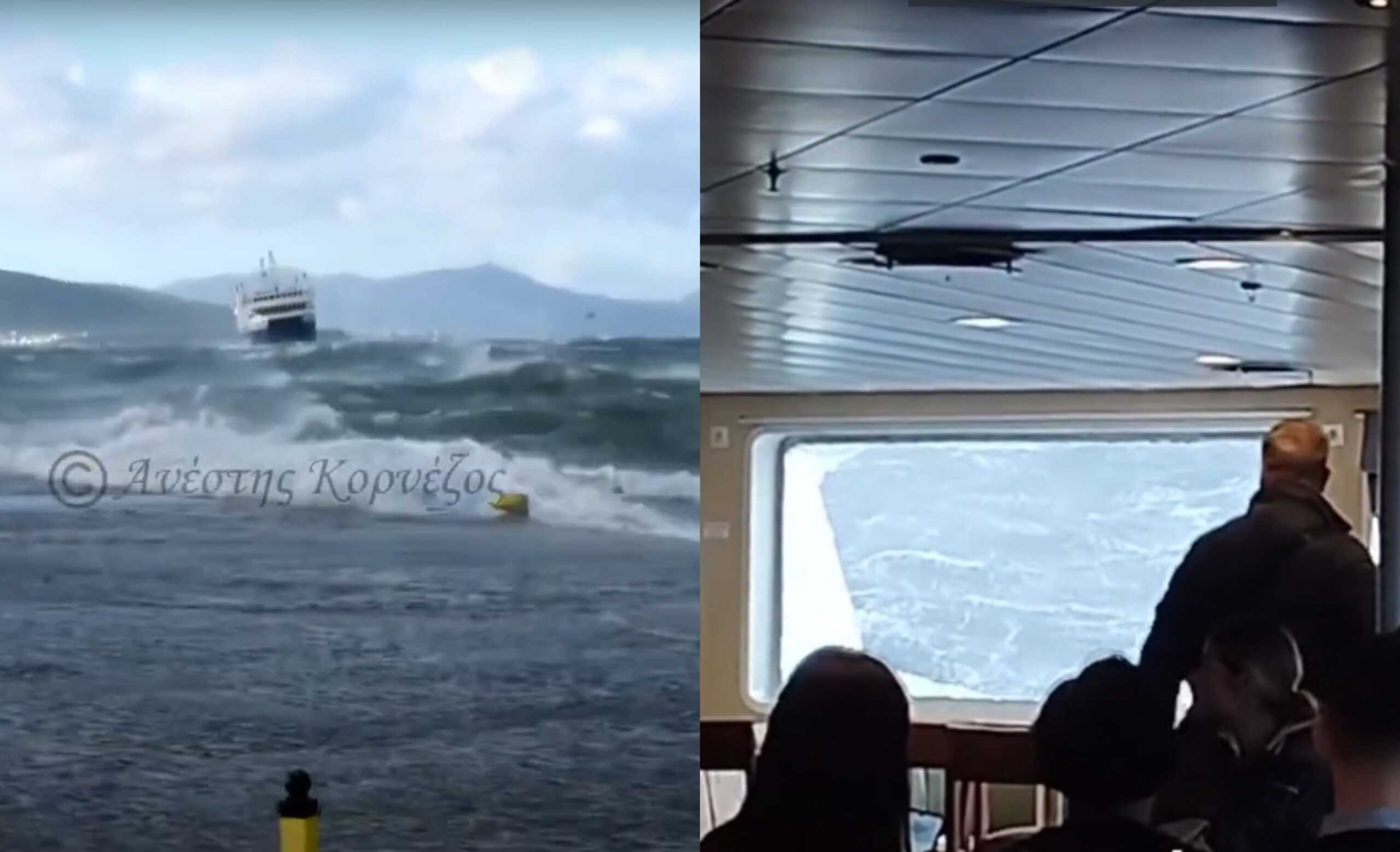 Καιρός – Αίγινα: Τα πλάνα από την τιτάνια προσπάθεια πλοίου να δέσει στο λιμάνι – Έσπασε τζάμι
