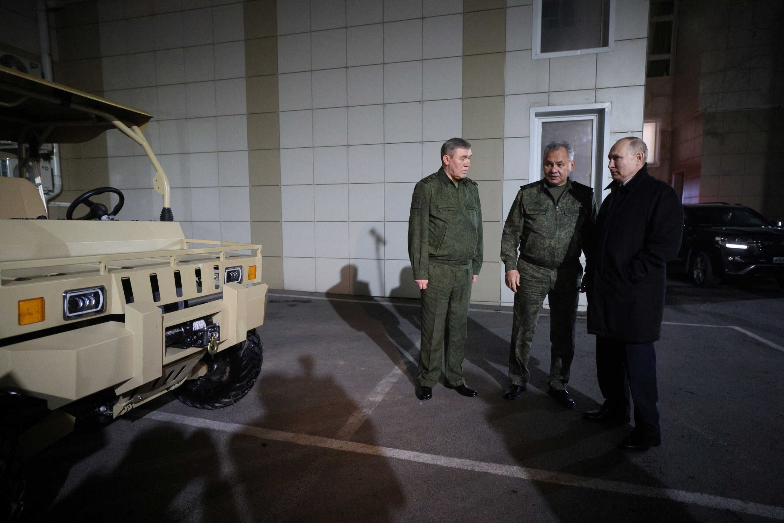 Russia's President Vladimir Putin, accompanied by Defence Minister Sergei Shoigu and Chief of the General Staff Valery Gerasimov, visits the headquarters of the troops involved in the country's military campaign in Ukraine, in Rostov-on-Don, Russia, in this picture released November 10, 2023. Sputnik