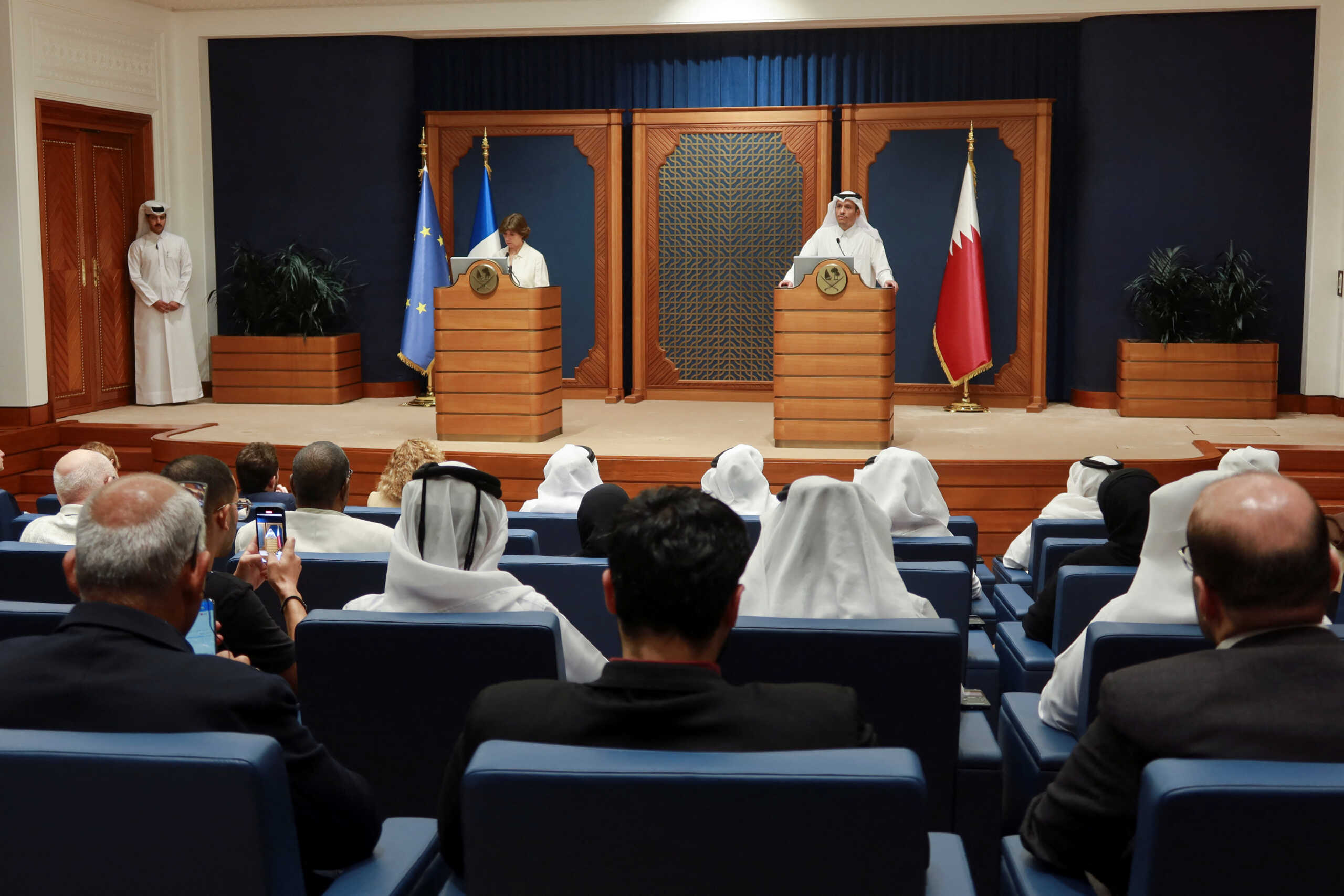 Qatar's Prime Minister and Foreign Minister Sheikh Mohammed bin Abdulrahman Al Thani and French Foreign Minister Catherine Colonna attend a joint press conference at the Amiri Diwan, in Doha, Qatar November 5, 2023. REUTERS