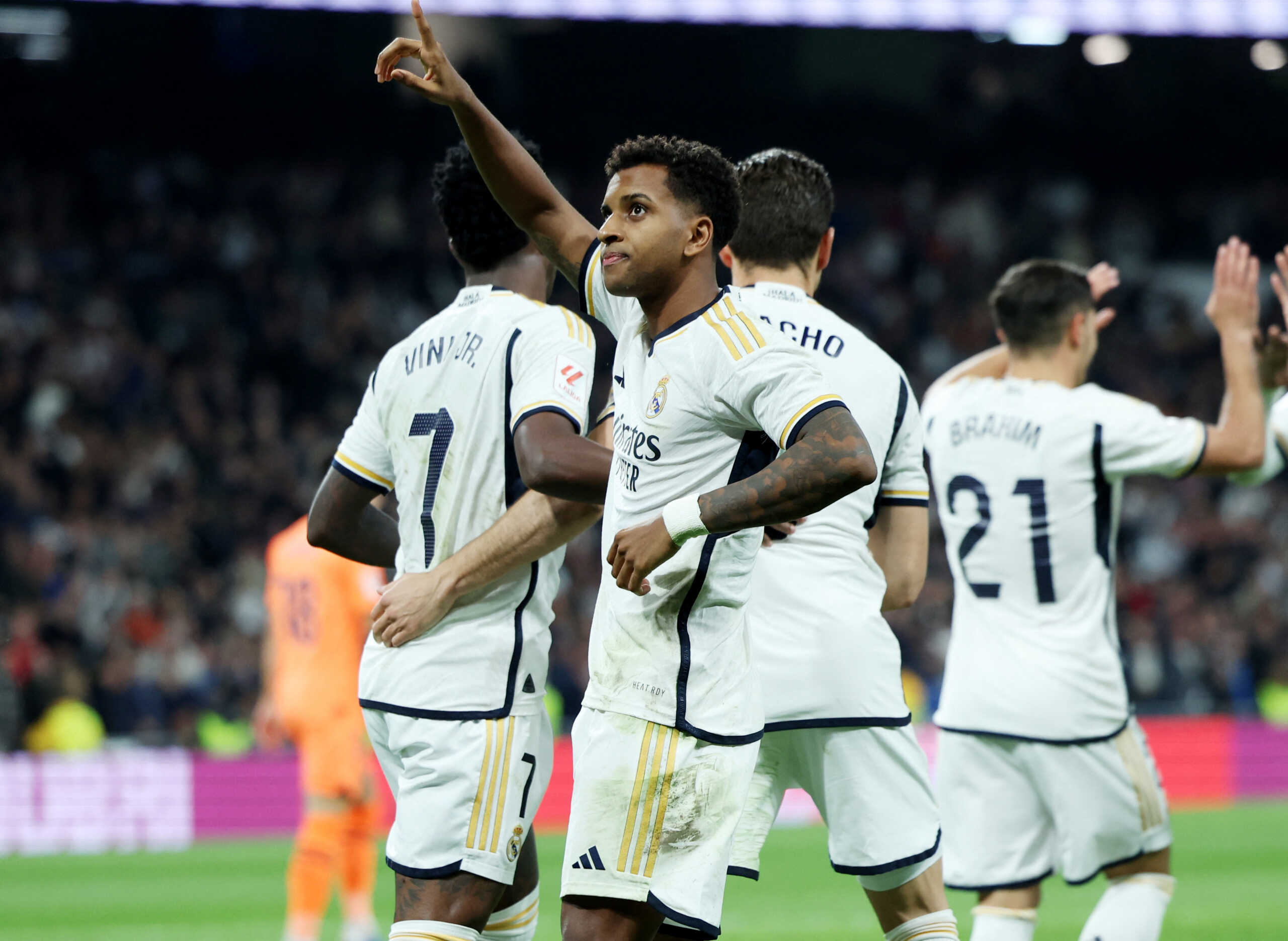 Soccer Football - LaLiga - Real Madrid v Valencia - Santiago Bernabeu, Madrid, Spain - November 11, 2023 Real Madrid's Rodrygo celebrates scoring their fourth goal REUTERS