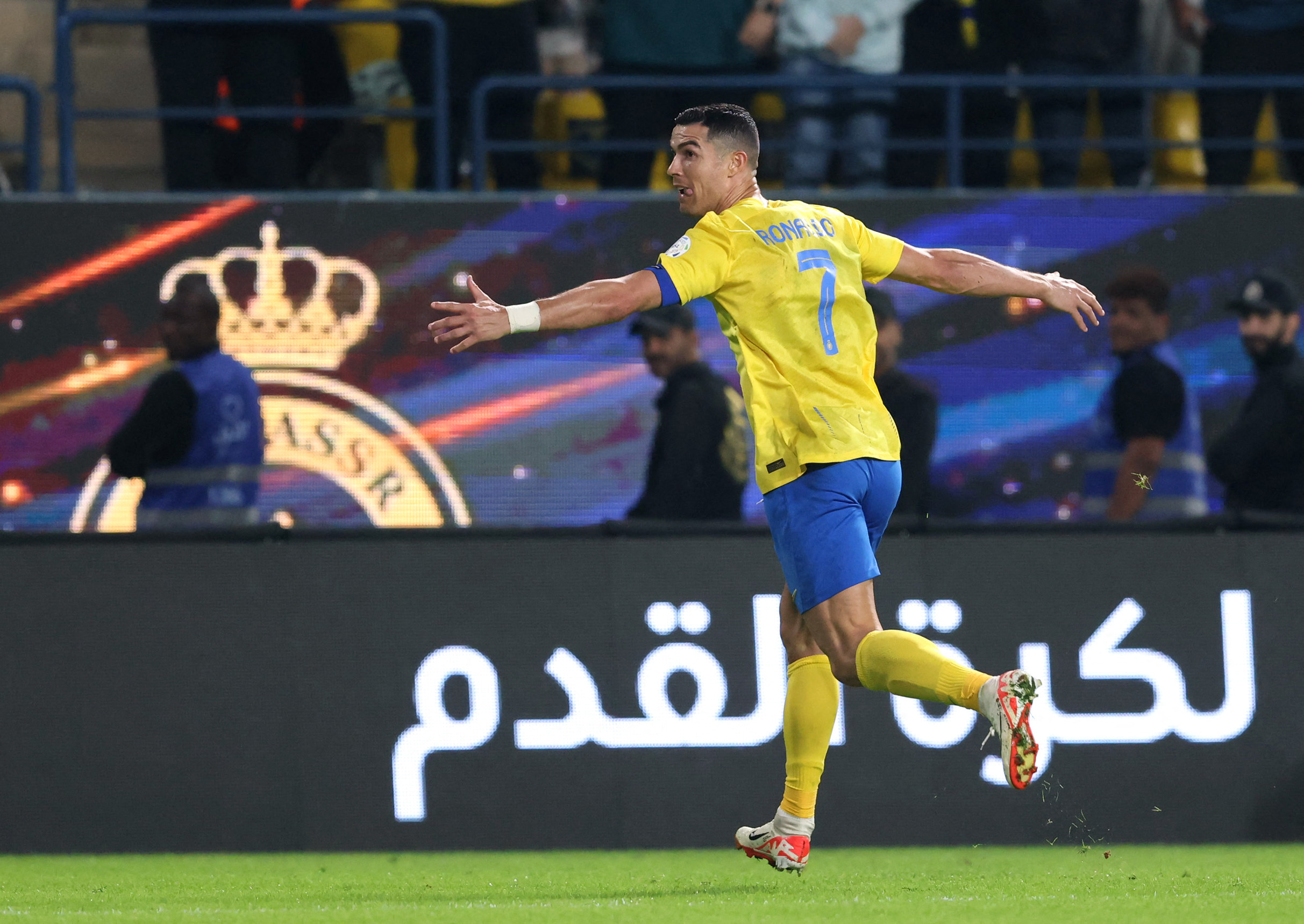 Soccer Football - Saudi Pro League - Al Nassr v Al Okhdood - Al-Awwal Park, Riyadh, Saudi Arabia - November 24, 2023 Al Nassr's Cristiano Ronaldo celebrates scoring their third goal REUTERS