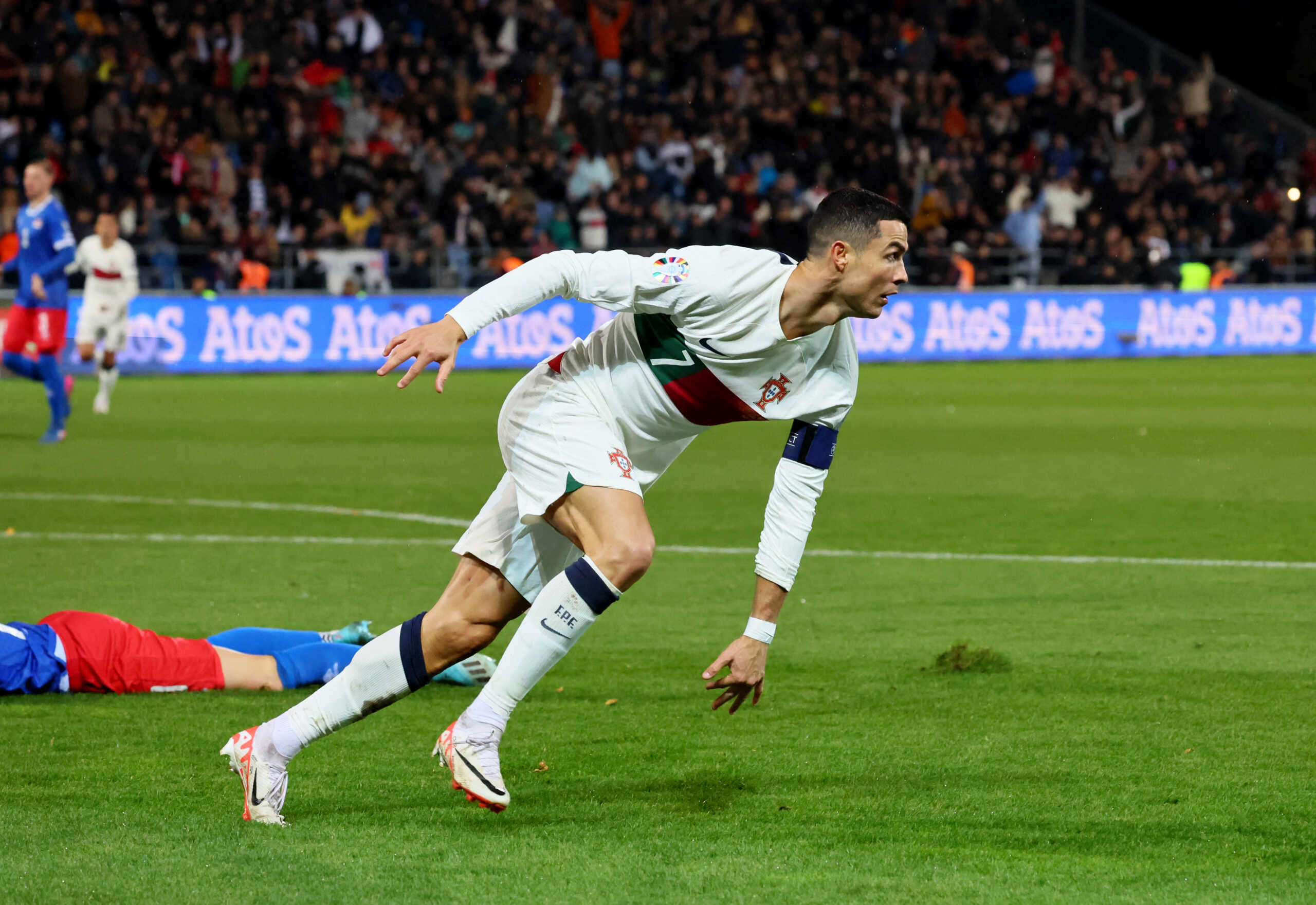 Soccer Football - UEFA Euro 2024 Qualifier - Group J - Liechtenstein v Portugal - Rheinpark Stadion, Vaduz, Liechtenstein - November 16, 2023 Portugal's Cristiano Ronaldo celebrates scoring their first goal REUTERS