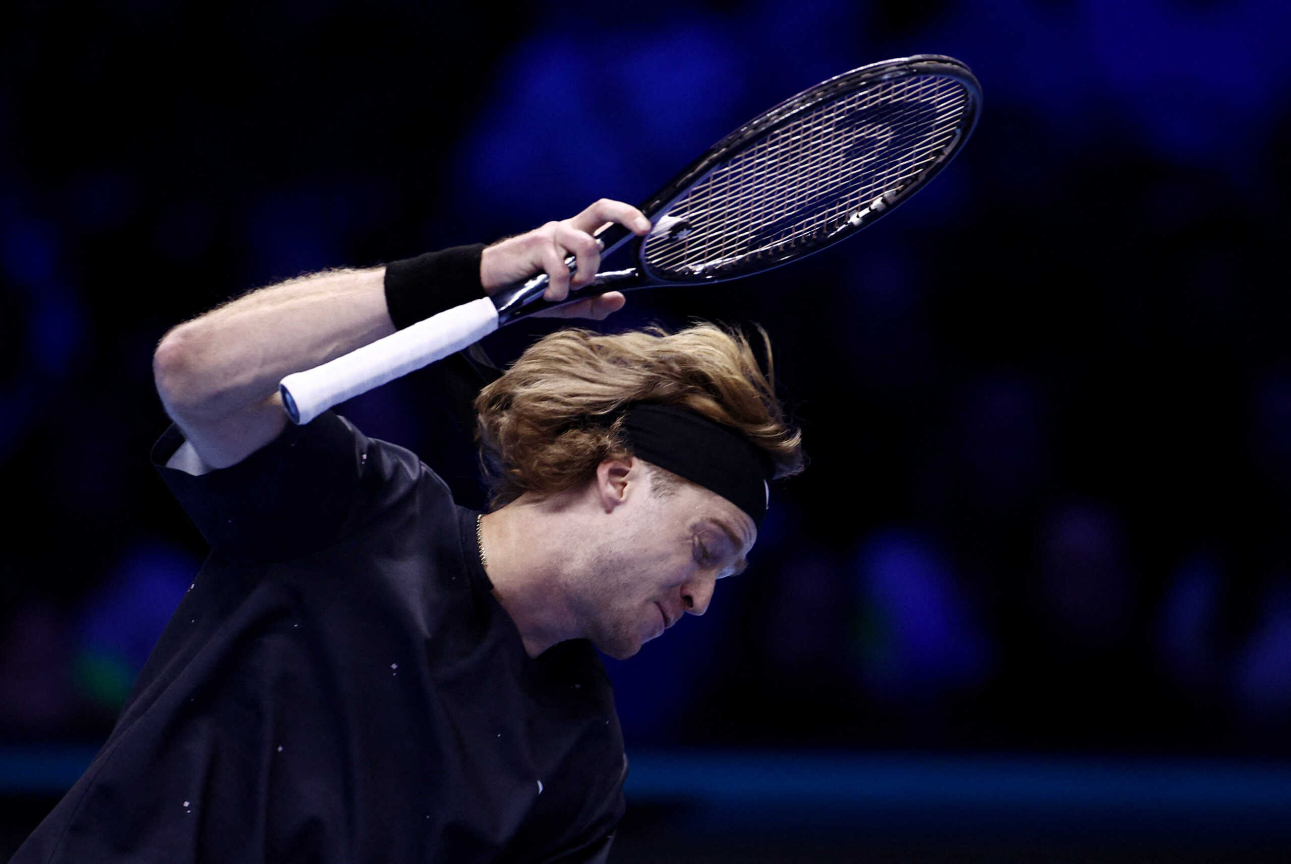 Tennis - ATP Finals - Pala Alpitour, Turin, Italy - November 15, 2023 Russia's Andrey Rublev reacts during his group stage match against Spain's Carlos Alcaraz REUTERS