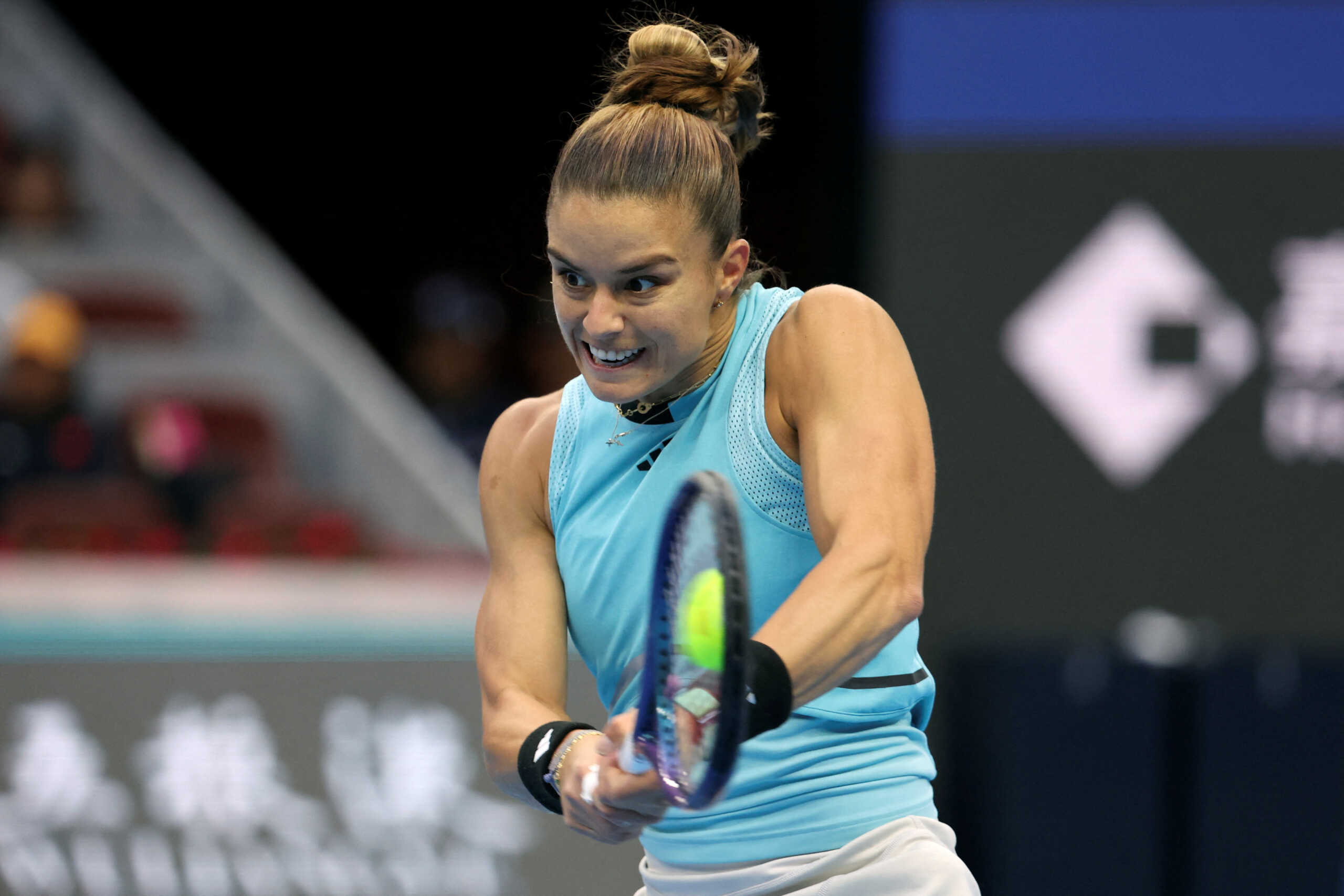 Tennis - WTA 1000 - China Open - National Tennis Center, Beijing, China - October 5, 2023. Maria Sakkari of Greece in action during her third round match against Wang Xinyu of China. REUTERS