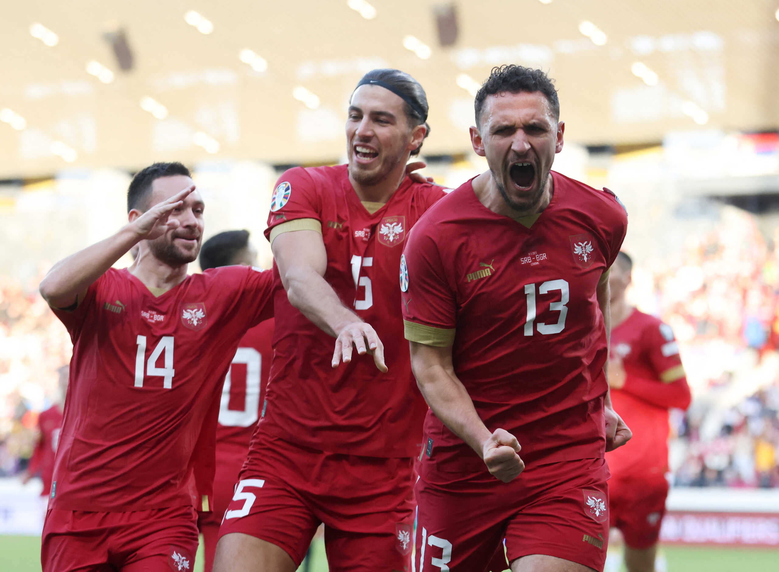 Soccer Football - Euro 2024 Qualifier - Group G - Serbia v Bulgaria - Stadion Dubocica, Leskovac, Serbia - November 19, 2023 Serbia's Milos Veljkovic celebrates scoring their first goal with Srjdan Babic and Andrija Zivkovic REUTERS