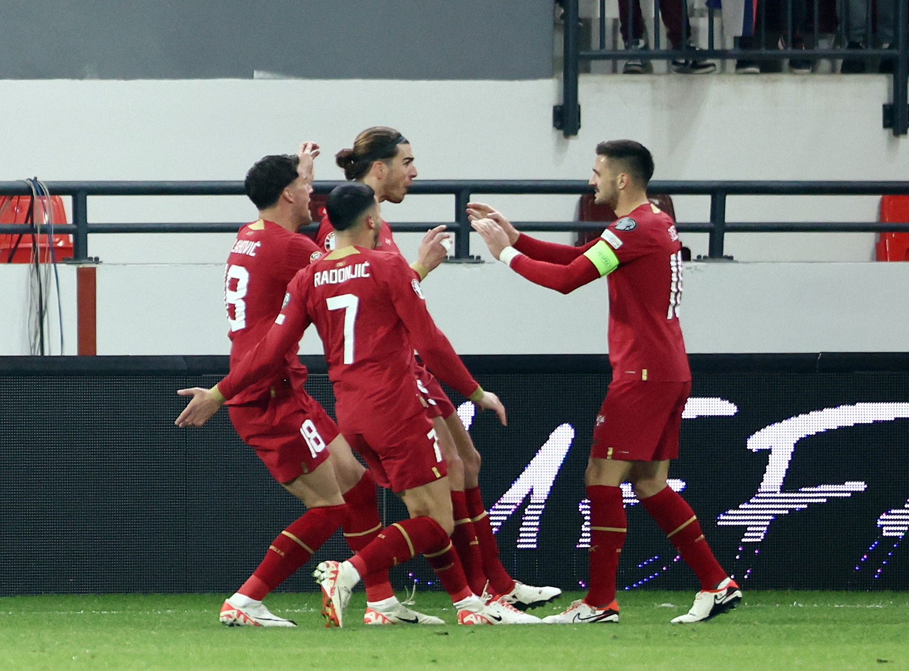 Soccer Football - Euro 2024 Qualifier - Group G - Serbia v Bulgaria - Stadion Dubocica, Leskovac, Serbia - November 19, 2023 Serbia's Srjdan Babic celebrates scoring their second goal with teammates REUTERS