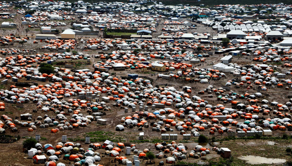 An aerial view of makeshift shelters at a camp in Baidoa for people displaced by flood waters following heavy rains in Somalia, November 16, 2023. REUTERS