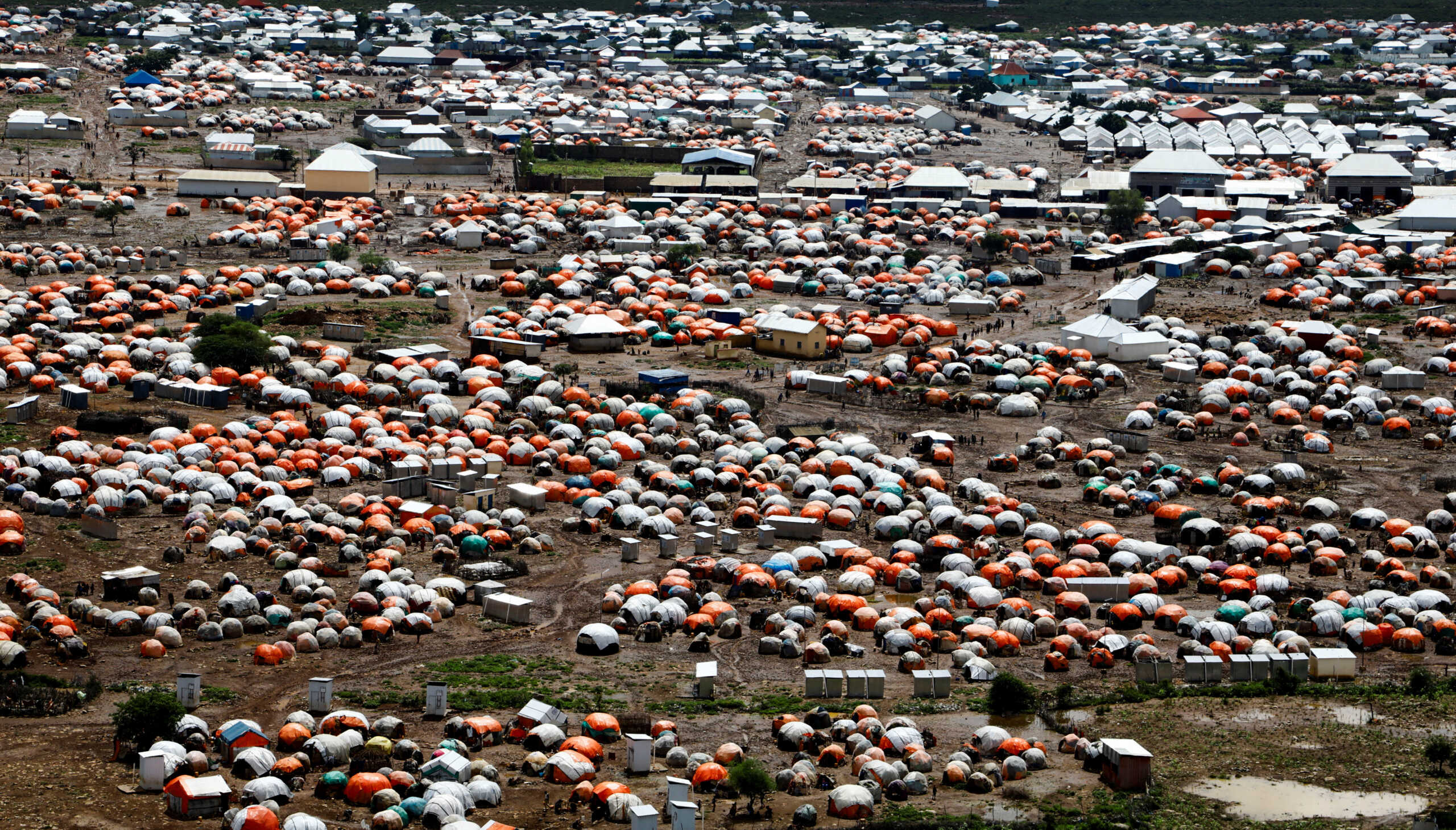An aerial view of makeshift shelters at a camp in Baidoa for people displaced by flood waters following heavy rains in Somalia, November 16, 2023. REUTERS