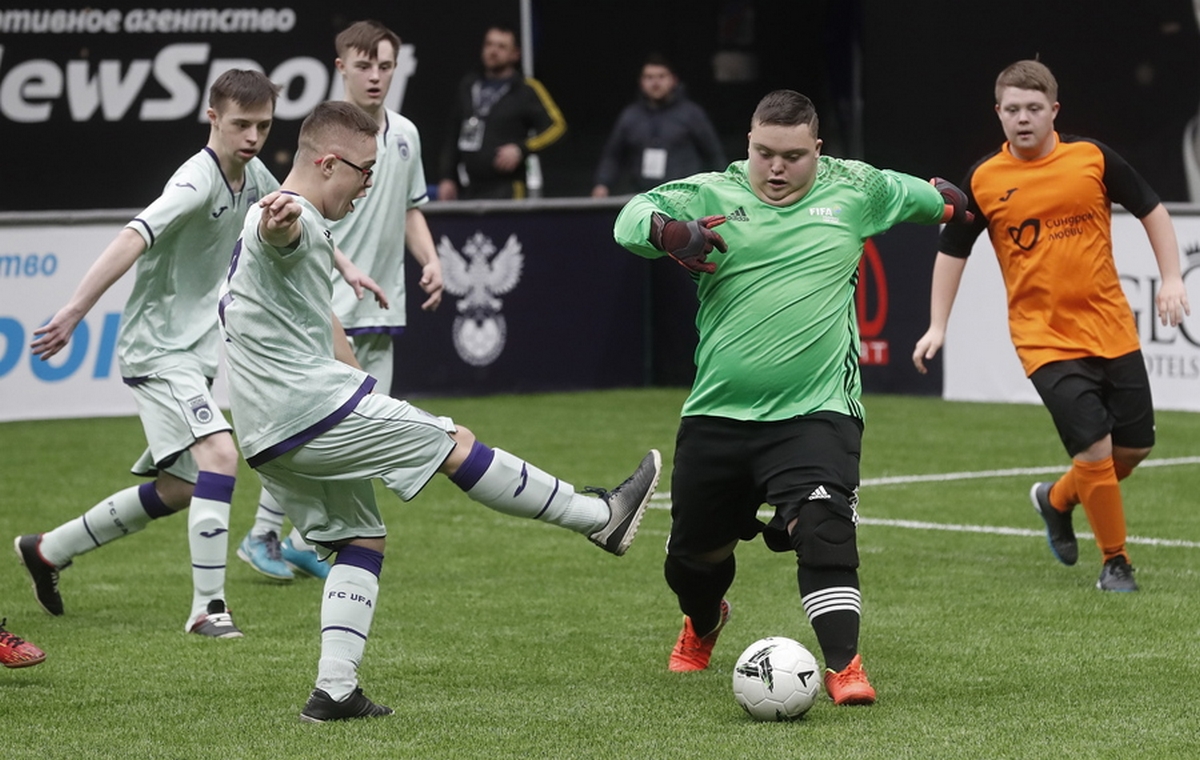 epa10459578 Special needs children take part in a charity football tournament for children with Down syndrome as part of Legends Cup, 15th International football tournament named after Konstantin Eremenko, in Moscow, Russia, 10 February 2023. The annual tournament invites famous football players and aims to promote sports and healthy lifestyle.  EPA