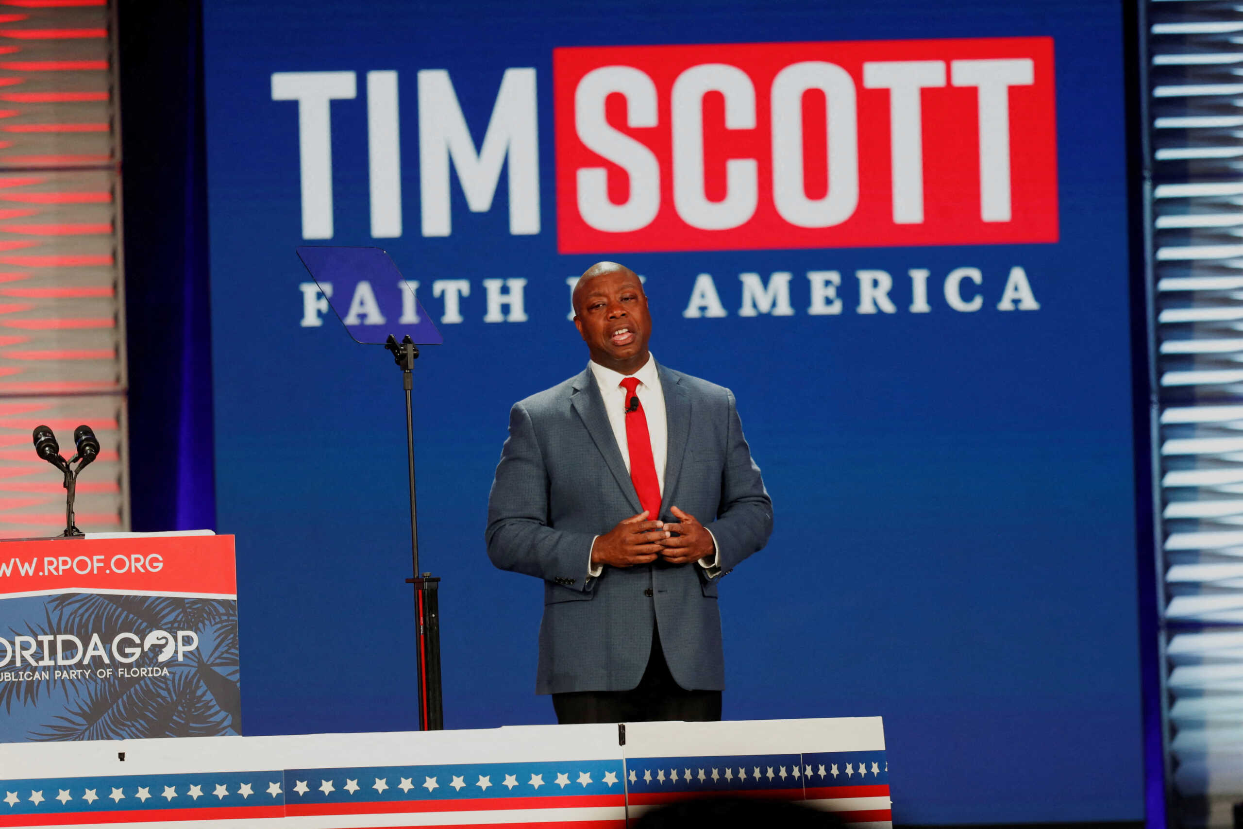 FILE PHOTO: U.S. Senator and Republican presidential candidate Tim Scott speaks during the party's Florida Freedom Summit held at the Gaylord Palms Resort & Convention Center in Kissimmee, Florida, U.S., November 4, 2023.  REUTERS