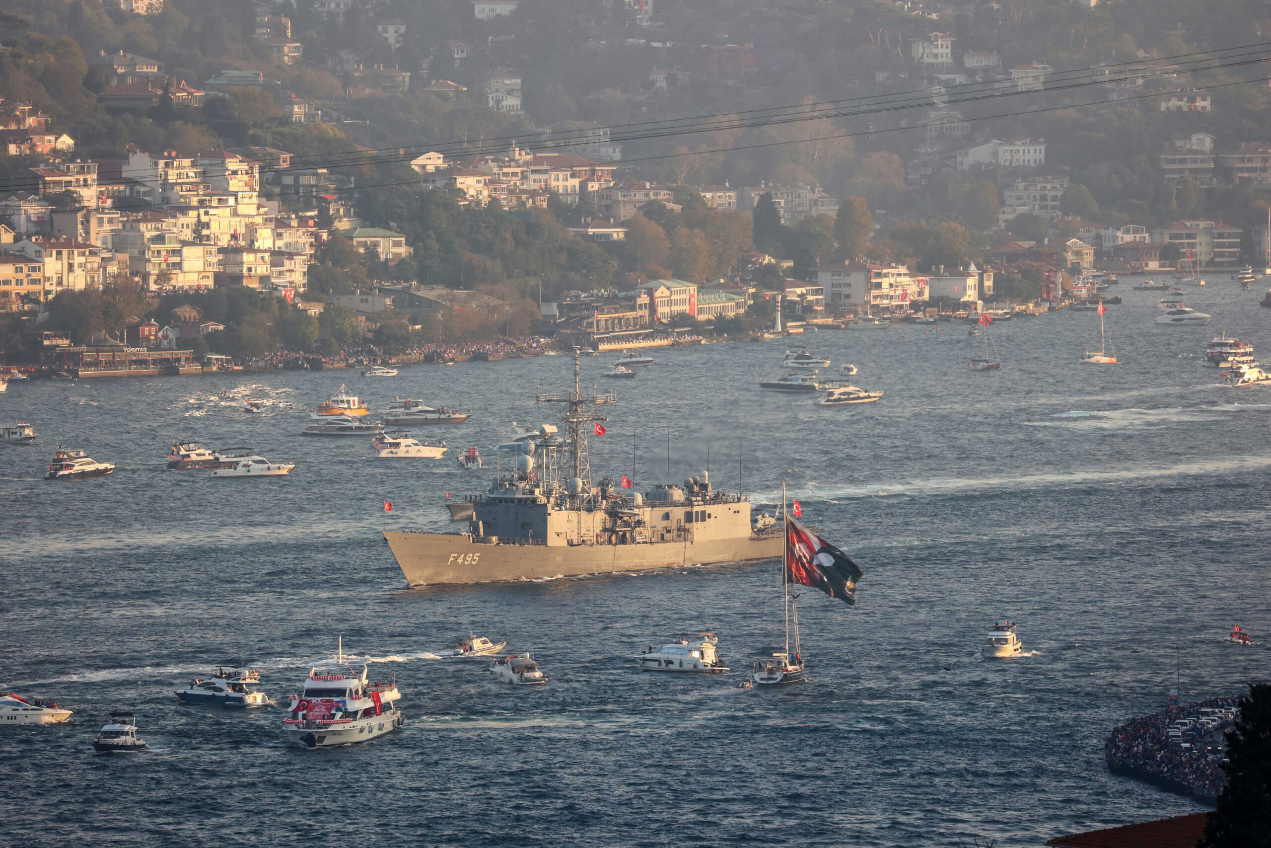 A Turkish navy ship sails through the Bosphorus during a Republic Day ceremony marking the 100th anniversary of the republic's foundation, in Istanbul, Turkey, October 29, 2023. REUTERS