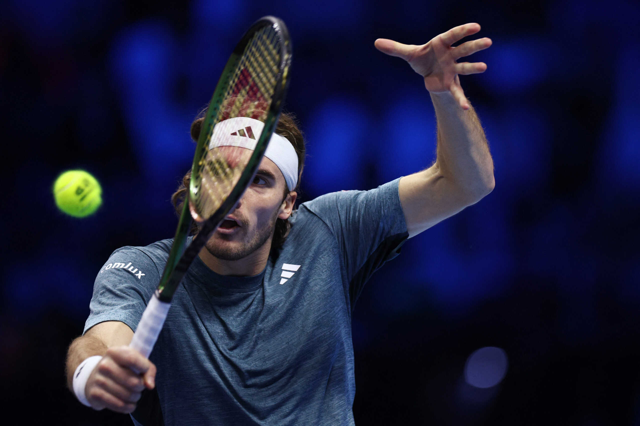 Tennis - ATP Finals - Pala Alpitour, Turin, Italy - November 12, 2023 Greece's Stefanos Tsitsipas in action during his group stage match against Italy's Jannik Sinner REUTERS