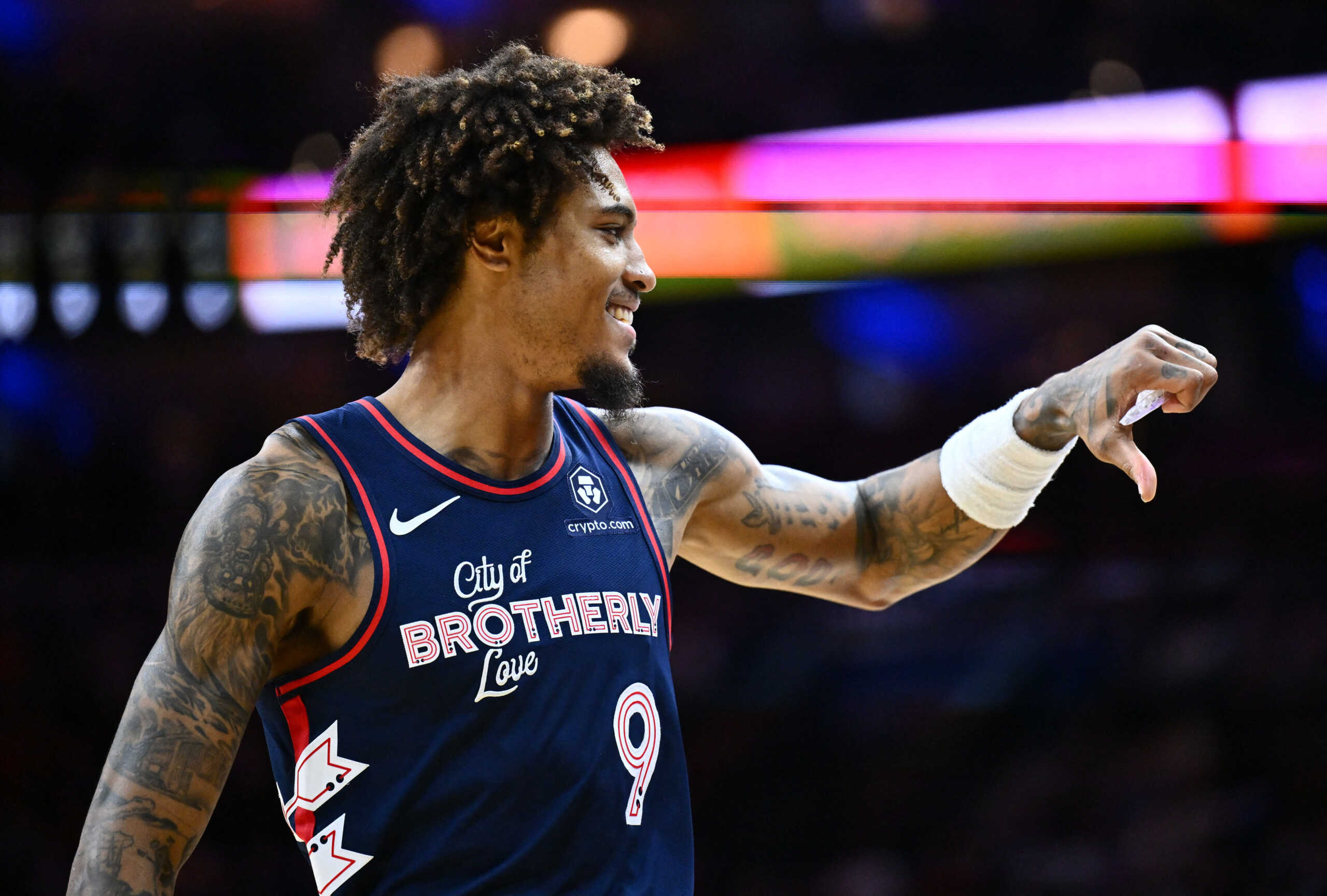 Nov 4, 2023; Philadelphia, Pennsylvania, USA; Philadelphia 76ers guard Kelly Oubre Jr (9) gestures in the second quarter against the Phoenix Suns at Wells Fargo Center. Mandatory Credit: Kyle Ross-USA TODAY Sports