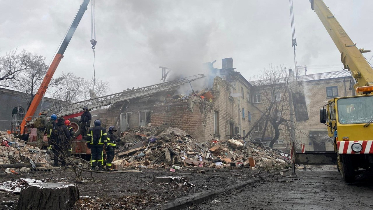 Rescuers work at a site of a residential building heavily damaged by a Russian missile strike, amid Russia's attack on Ukraine, in the town of Novohrodivka, Donetsk region, Ukraine November 30, 2023. Press service of Donetsk Regional Military-Civil Administration