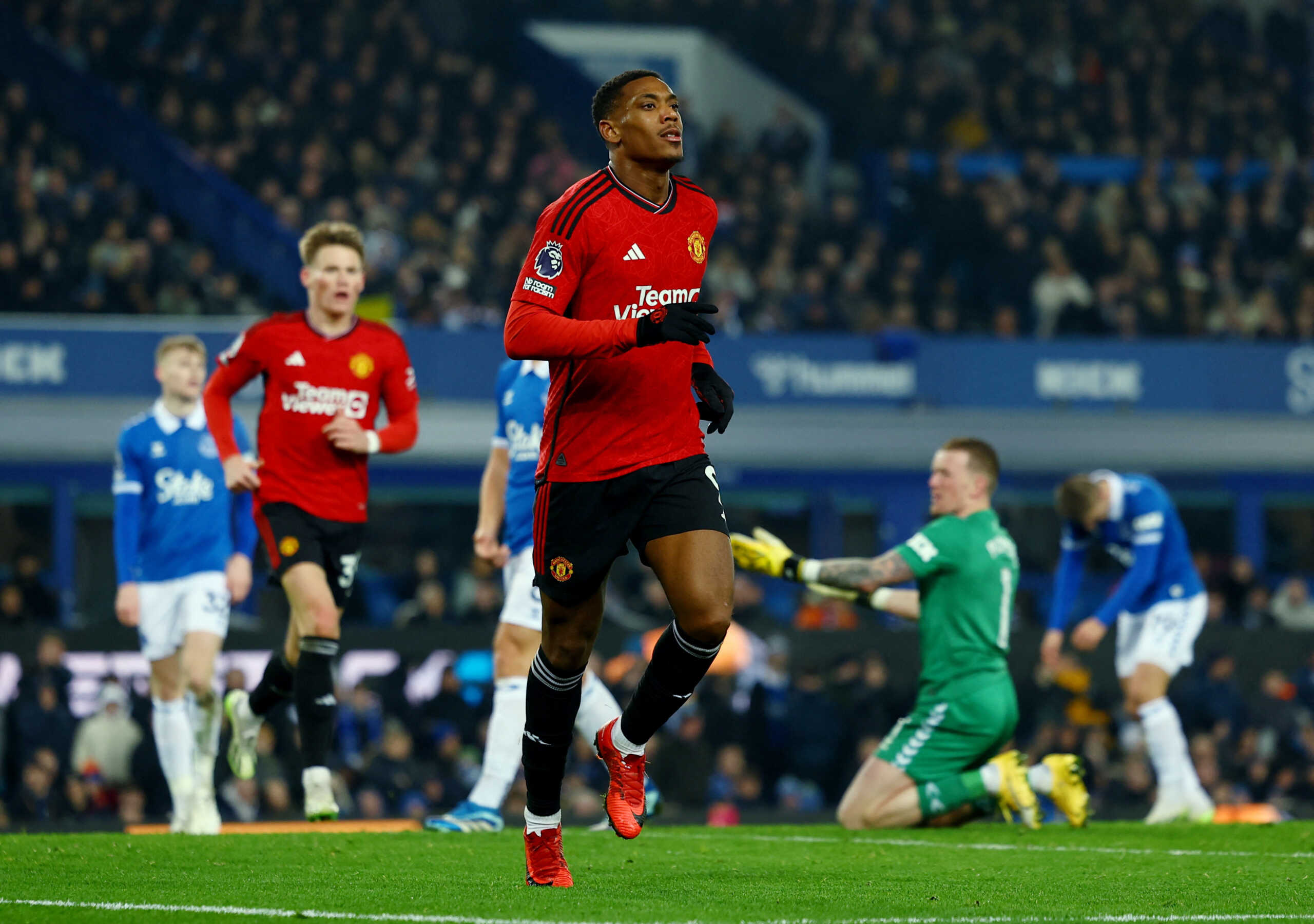 Soccer Football - Premier League - Everton v Manchester United - Goodison Park, Liverpool, Britain - November 26, 2023 Manchester United's Anthony Martial celebrates scoring their third goal REUTERS