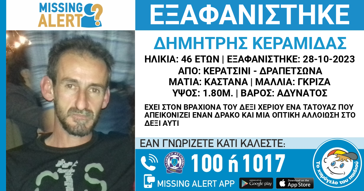 Εξαφανίστηκε ο 46χρονος Δημήτρης από το Κερατσίνι